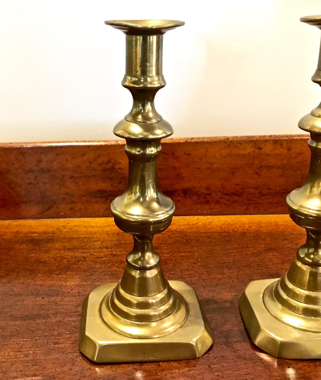 High Victorian Pair of  19th Century English Brass Push-Up Candlesticks,