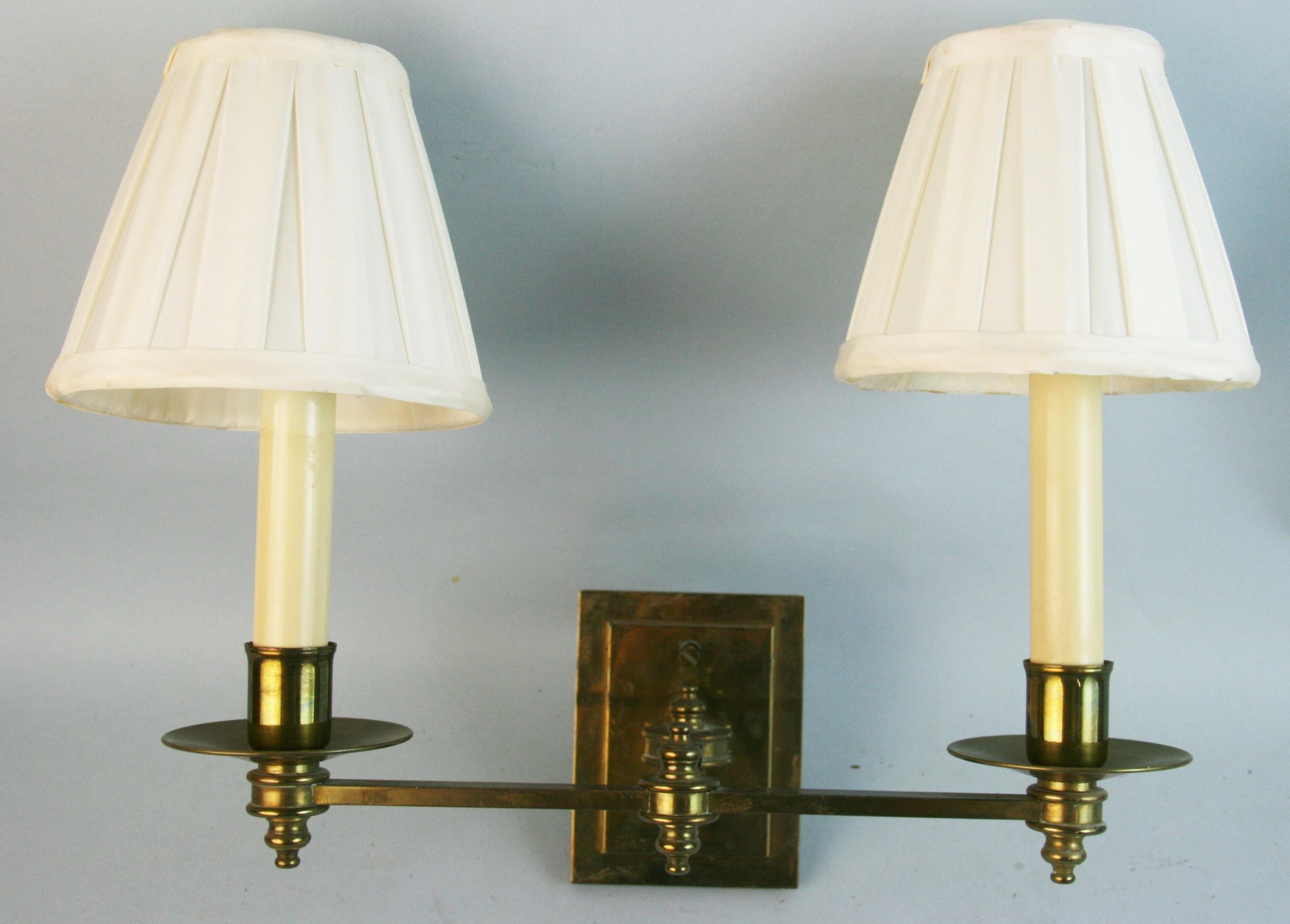 1454 Pair English 2 light sconces with pleated shades