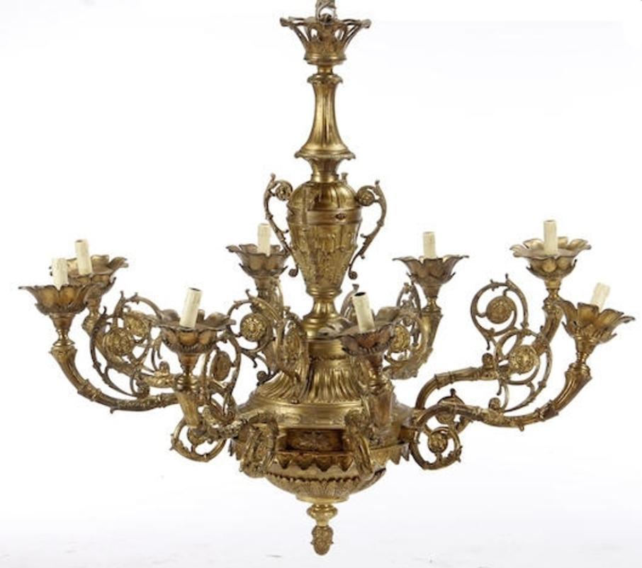 Imposing pair of English gilt bronze eight light chandeliers with good details. they make an impressive statement in any room.
Wired for the American market
They both come with 4 foot chains and canopies.
