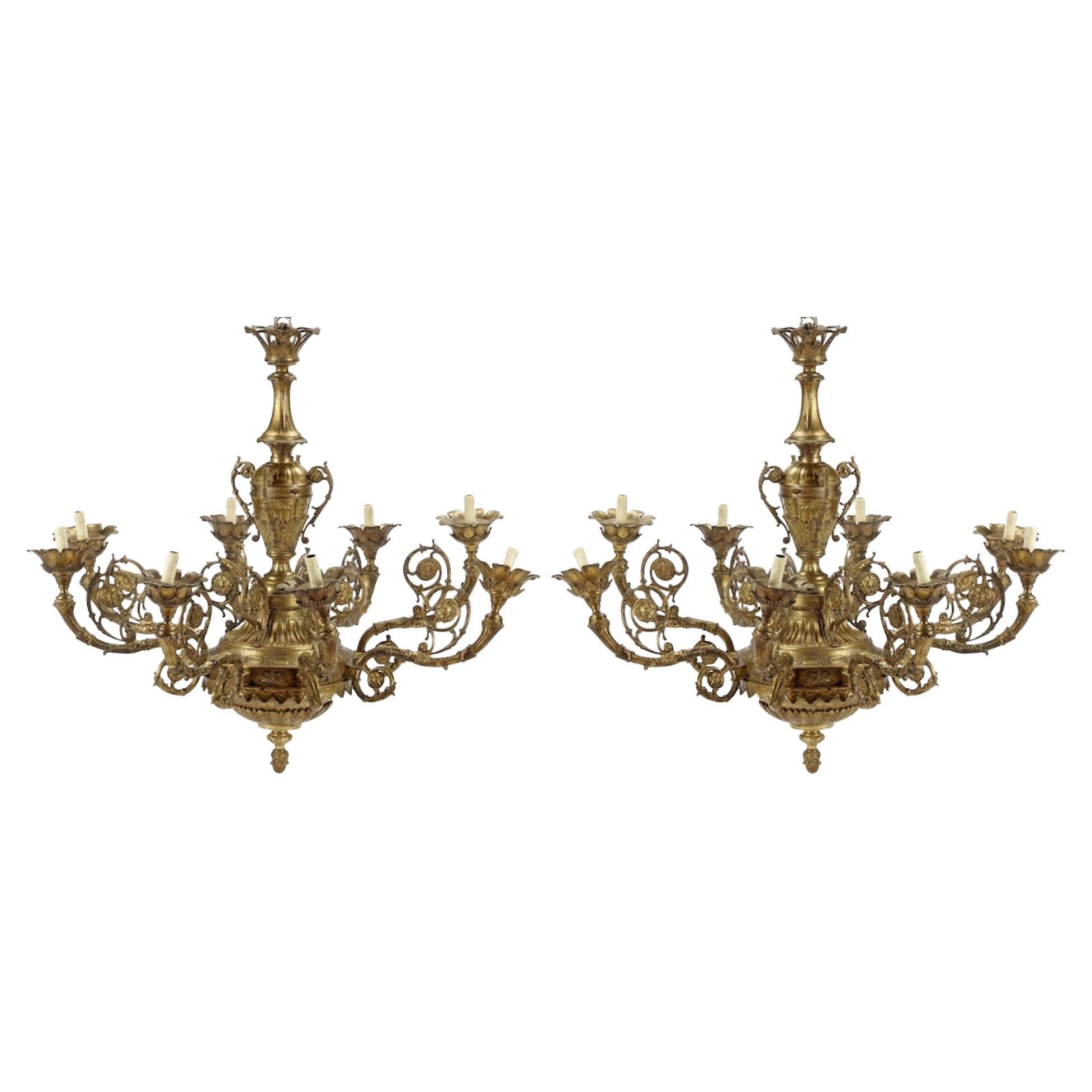 Pair of English Bronze Chandeliers