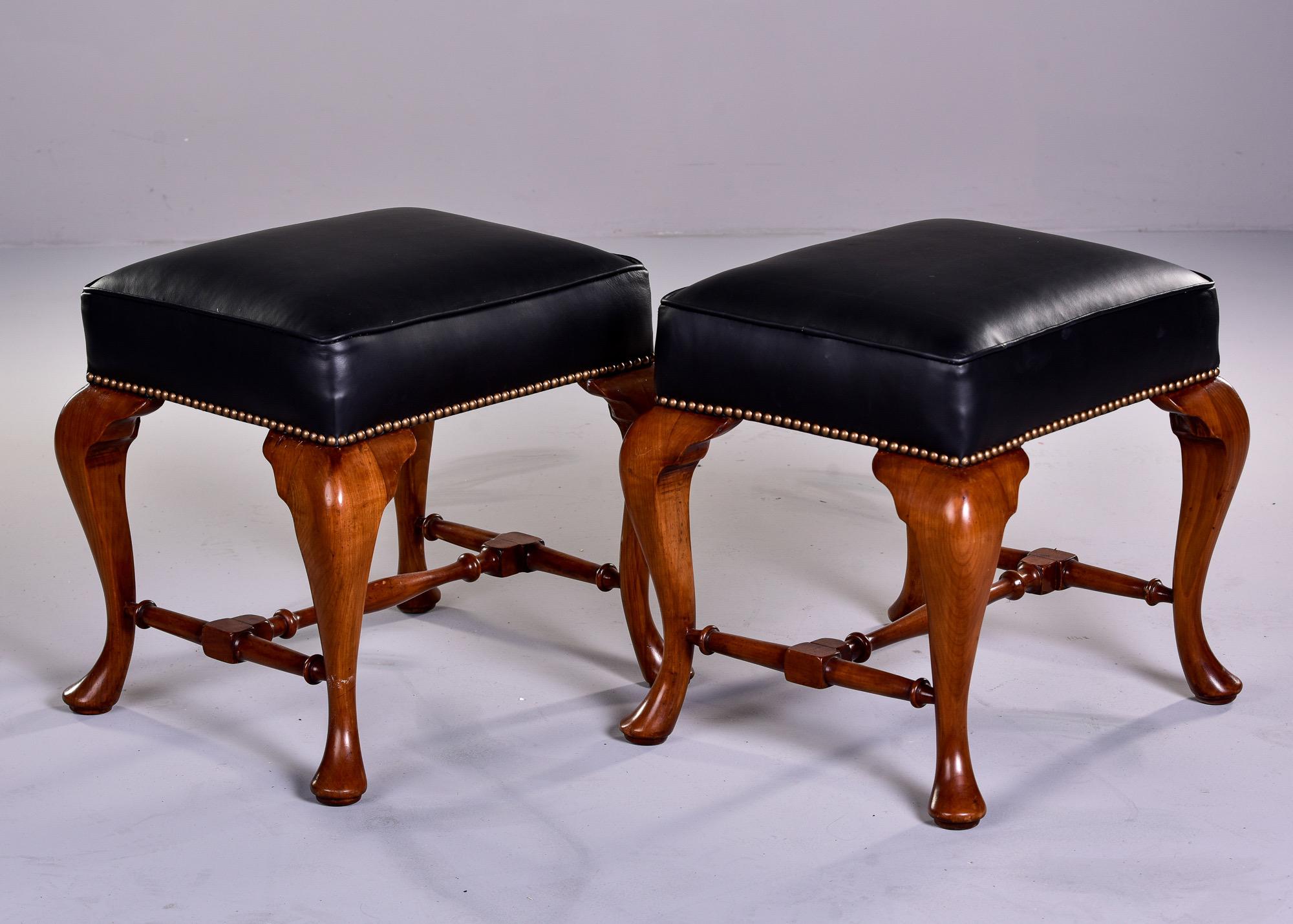 20th Century Pair English Cherry Wood and Leather Upholstered Stools For Sale