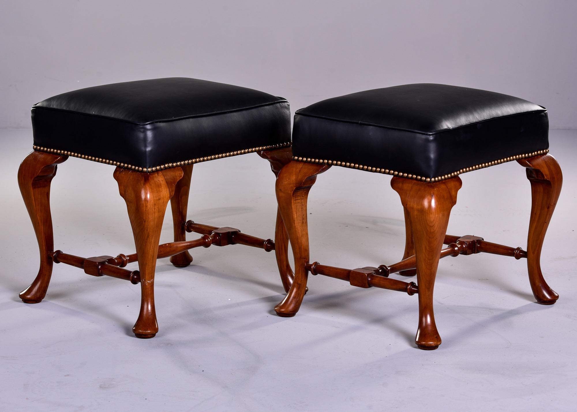 Brass Pair English Cherry Wood and Leather Upholstered Stools For Sale