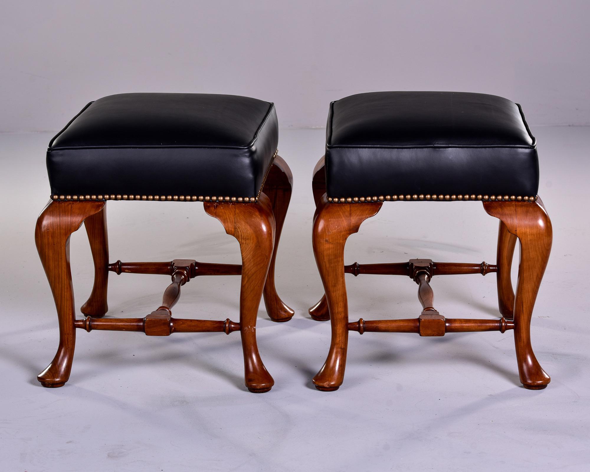 Pair English Cherry Wood and Leather Upholstered Stools For Sale 1