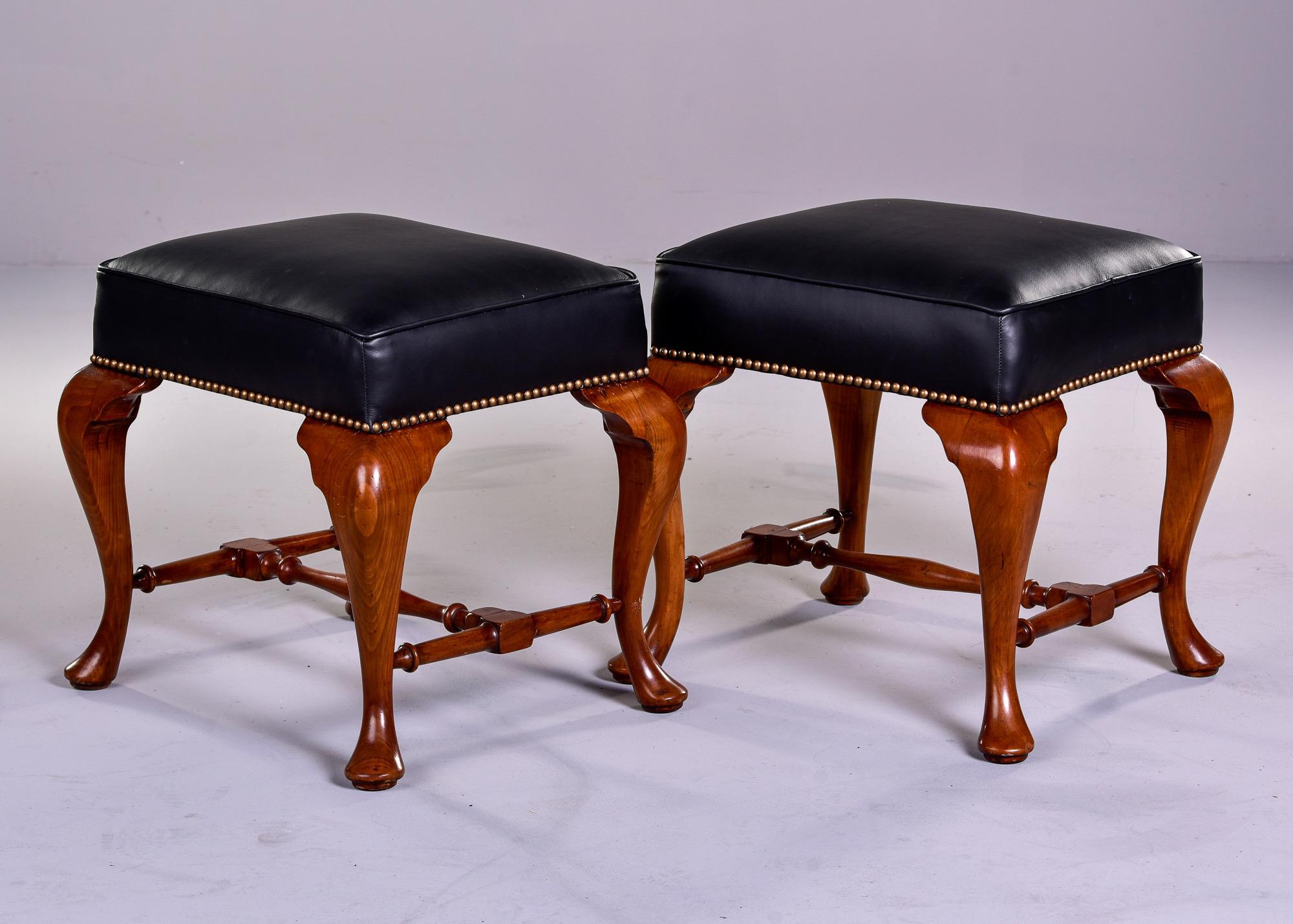 Pair English Cherry Wood and Leather Upholstered Stools For Sale 2