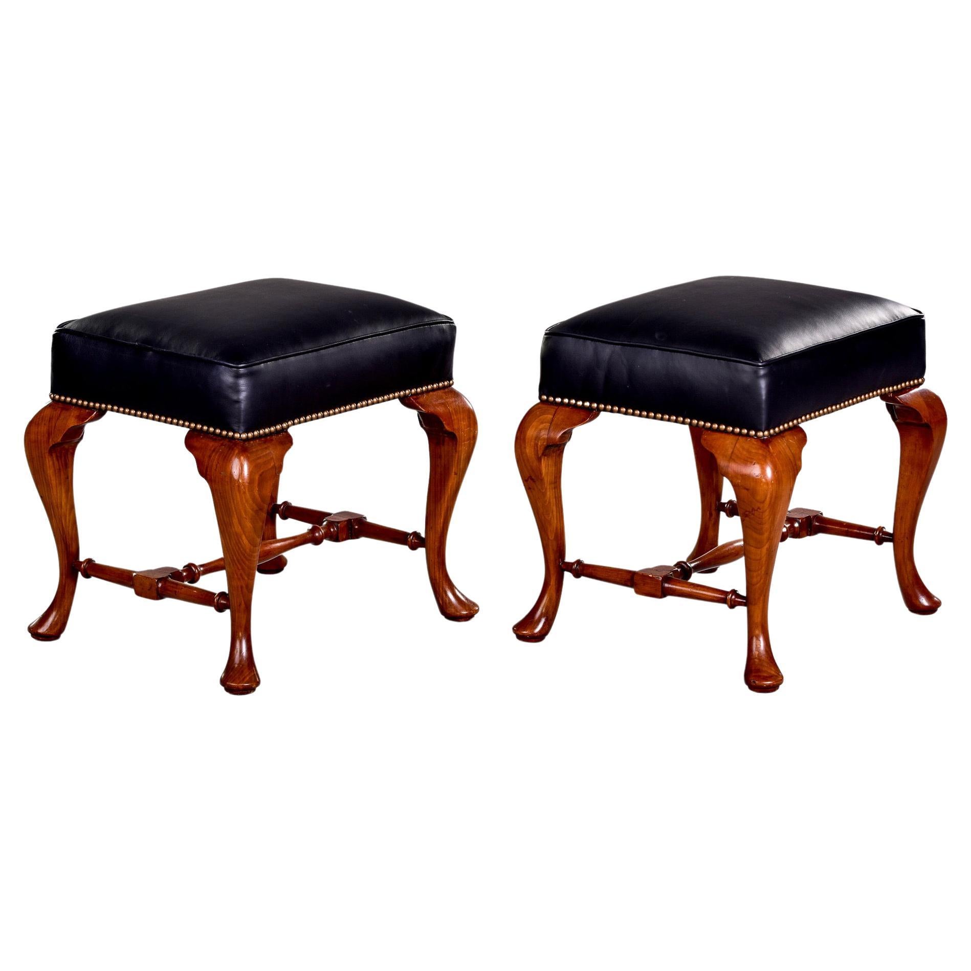 Pair English Cherry Wood and Leather Upholstered Stools For Sale