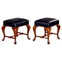 Pair English Cherry Wood and Leather Upholstered Stools