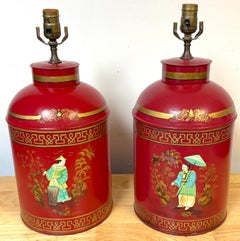 Pair English Chinoiserie Red Tole & Gilt Painted Tea Caddy Lamps, 20th Century