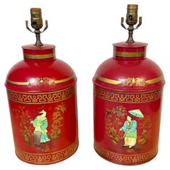 Pair English Chinoiserie Red Tole
Gilt Painted Tea Caddy Lamps, 20th Century Pair English Chinoiserie Red Tole
Gilt Painted Tea Caddy Lamps, 20th Century