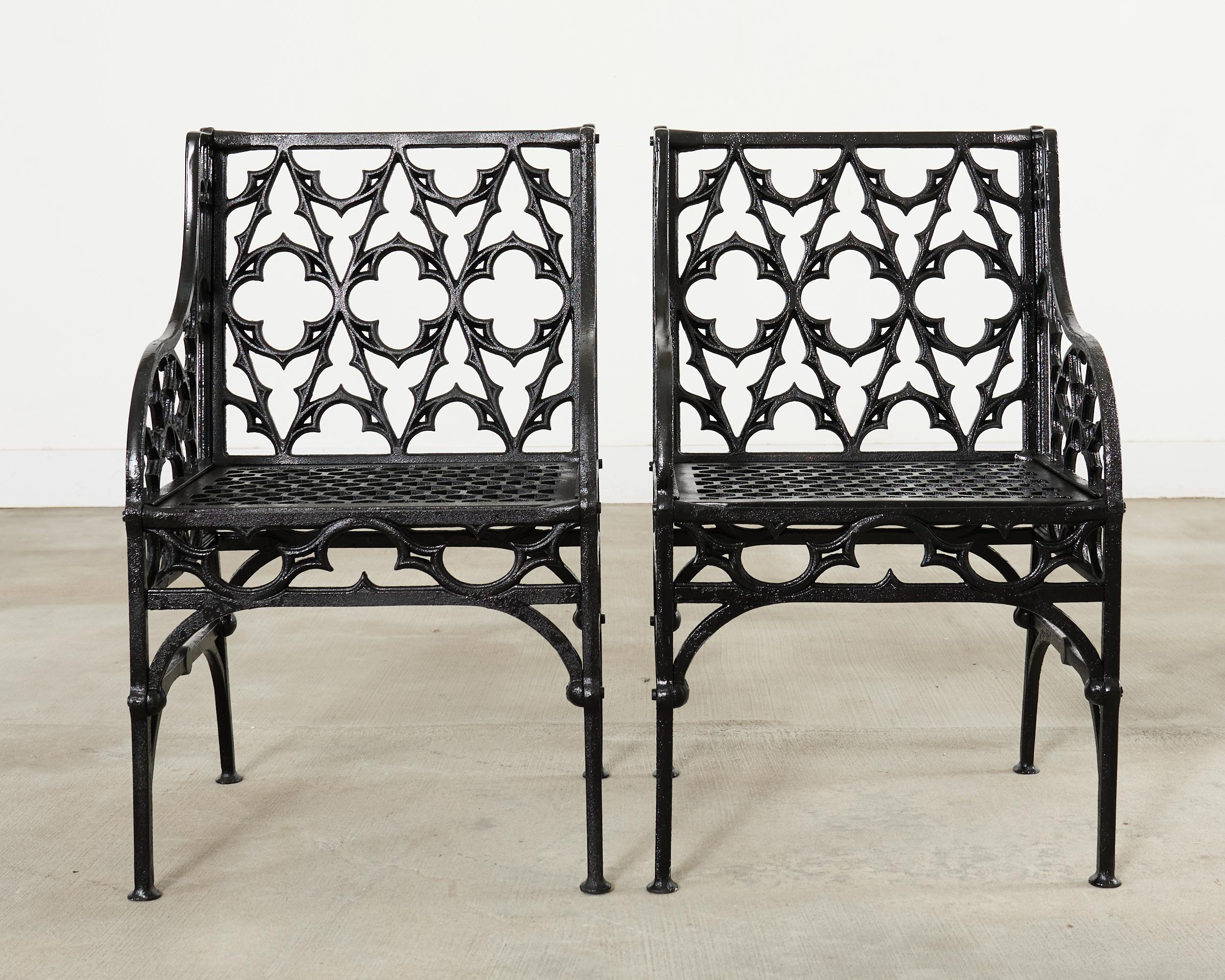 Gothic Revival Pair of English Coalbrookdale Style Gothic Garden Armchairs For Sale