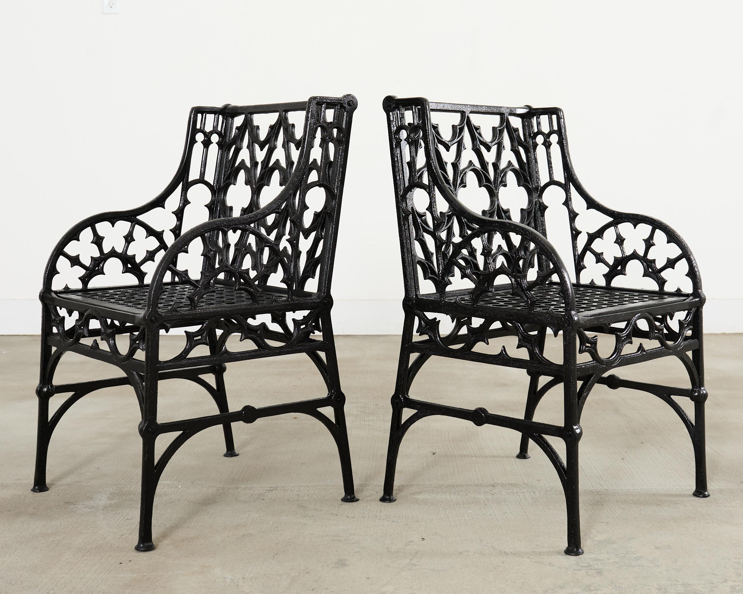 Cast Pair of English Coalbrookdale Style Gothic Garden Armchairs For Sale