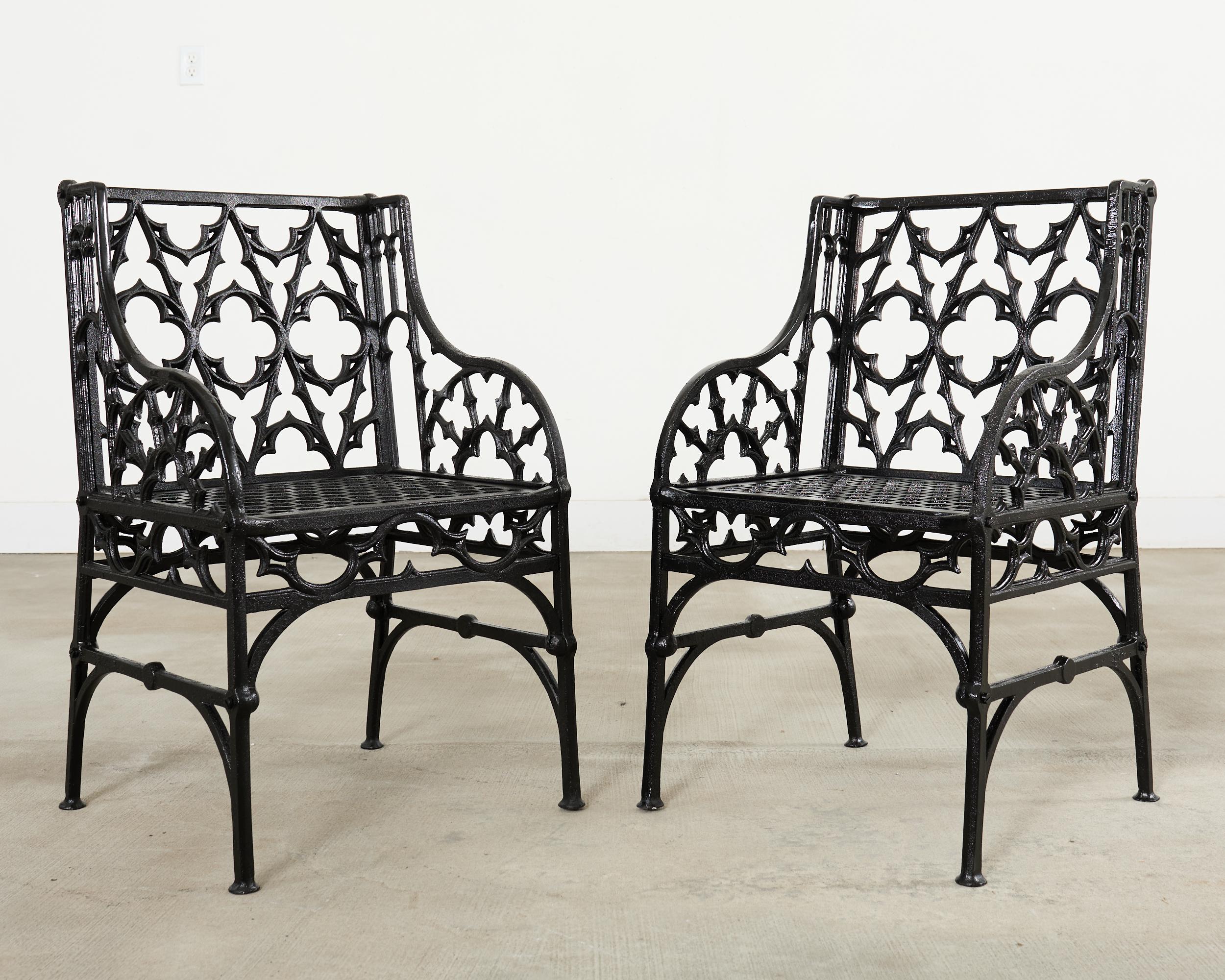 Pair of English Coalbrookdale Style Gothic Garden Armchairs In Good Condition For Sale In Rio Vista, CA