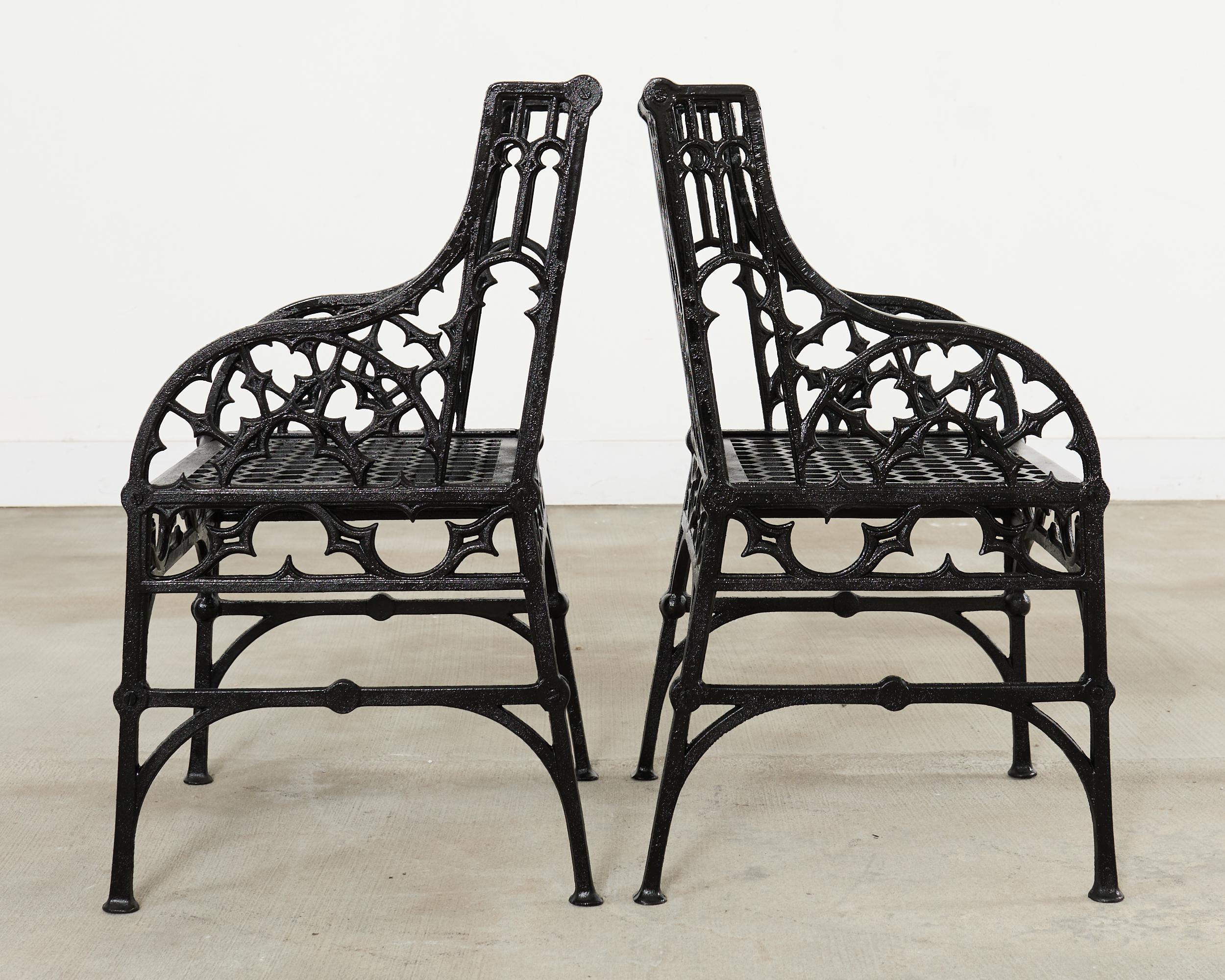 20th Century Pair of English Coalbrookdale Style Gothic Garden Armchairs For Sale