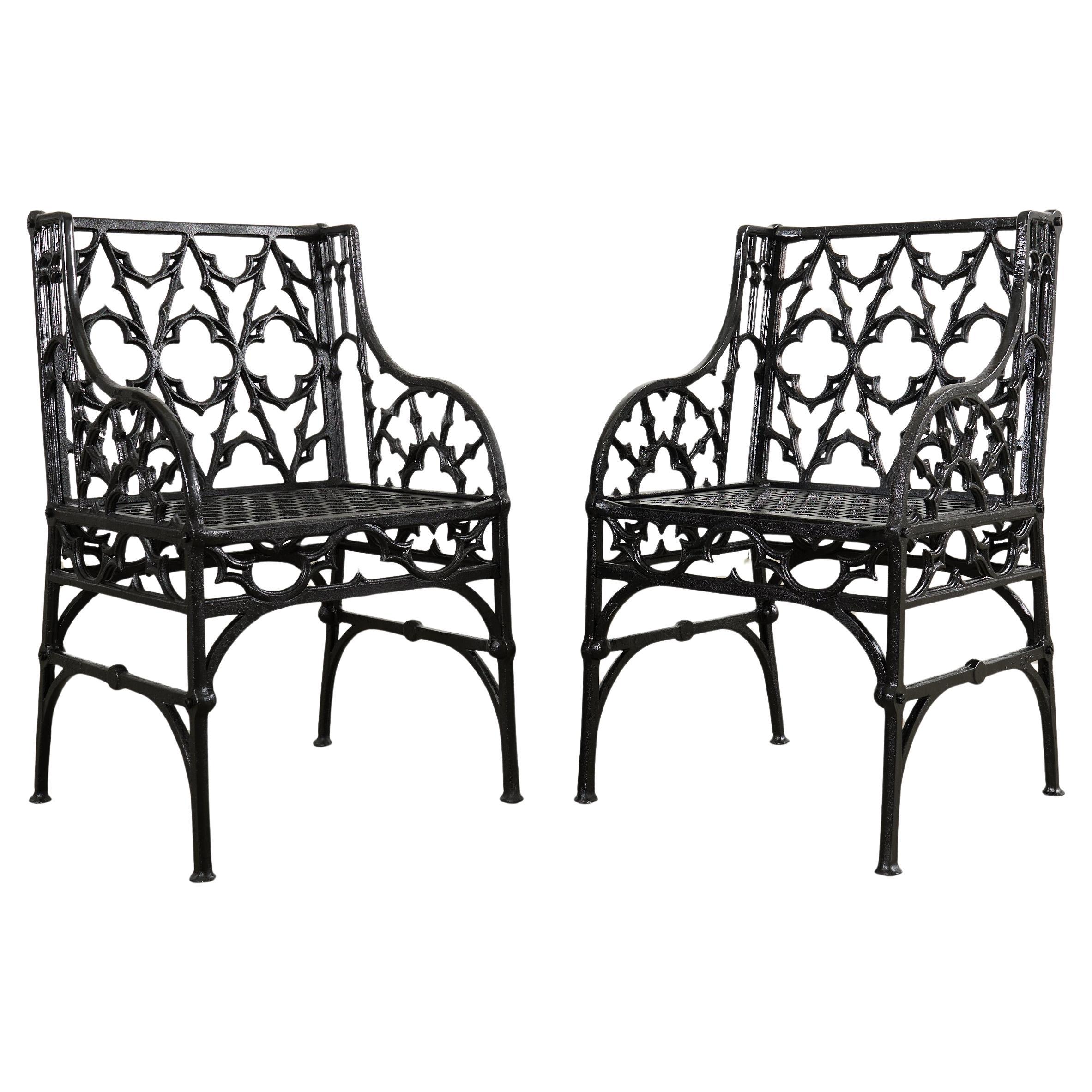 Pair of English Coalbrookdale Style Gothic Garden Armchairs For Sale
