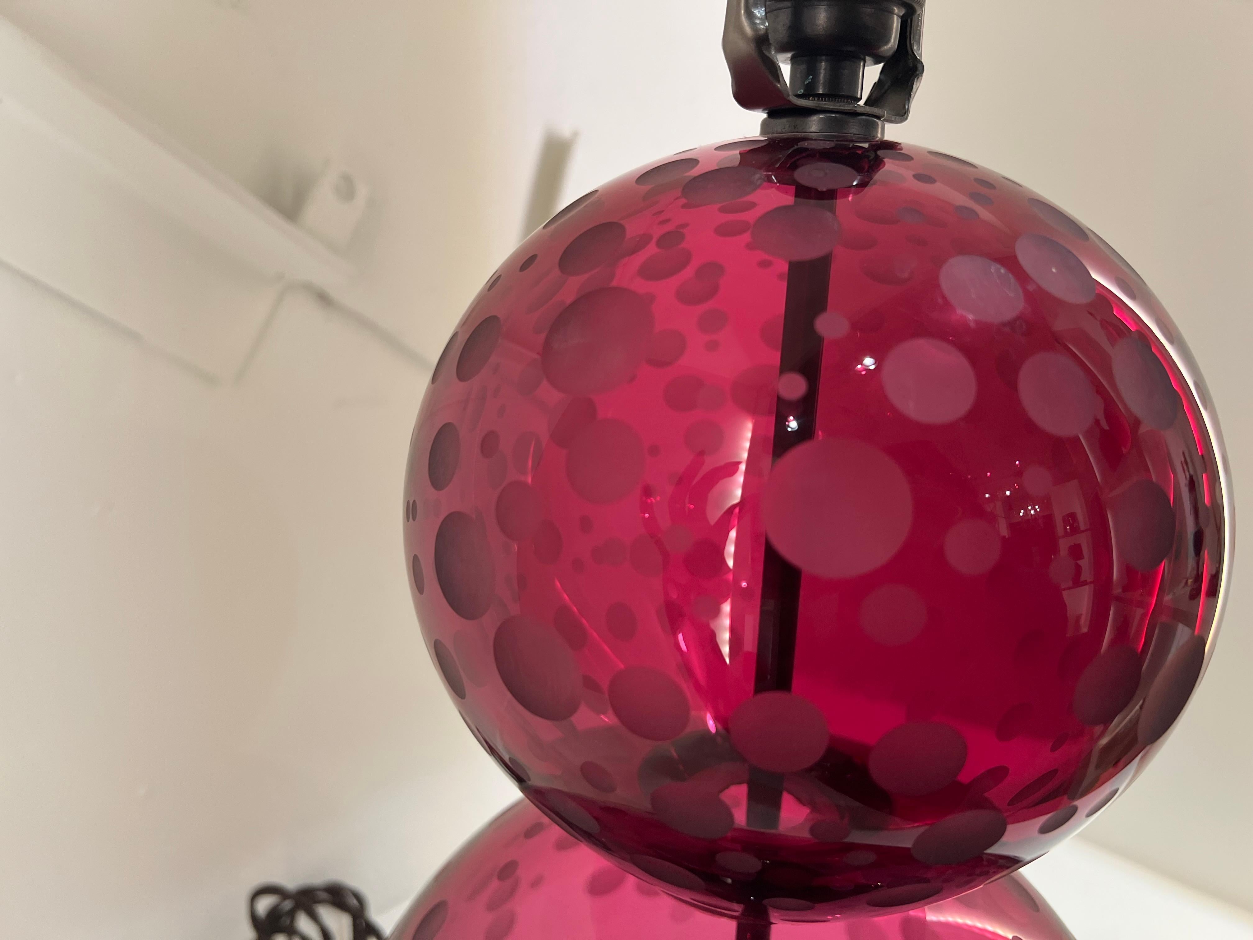 Pair English Crystal Lamps by Lucy Cope in Cranberry Spots For Sale 5