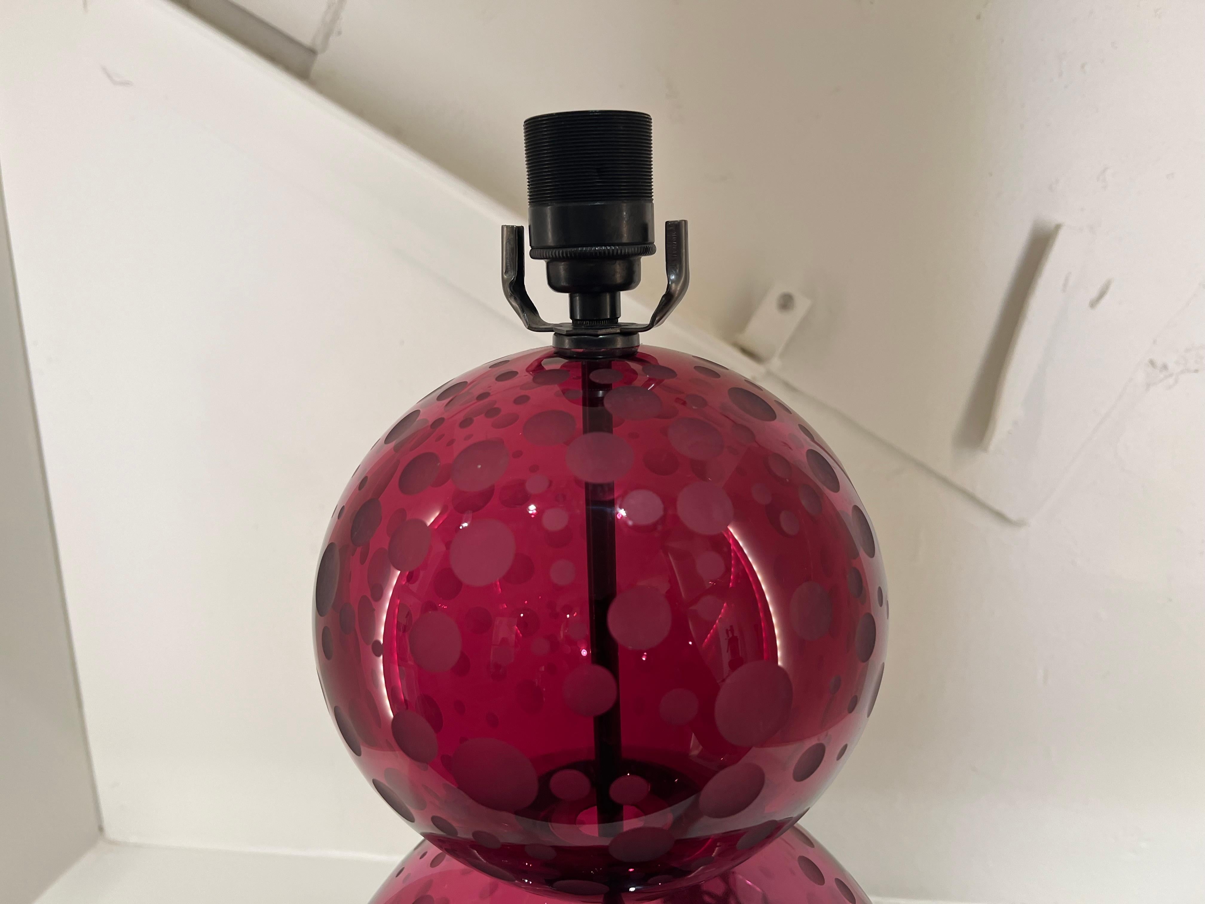 Pair English Crystal Lamps by Lucy Cope in Cranberry Spots For Sale 6