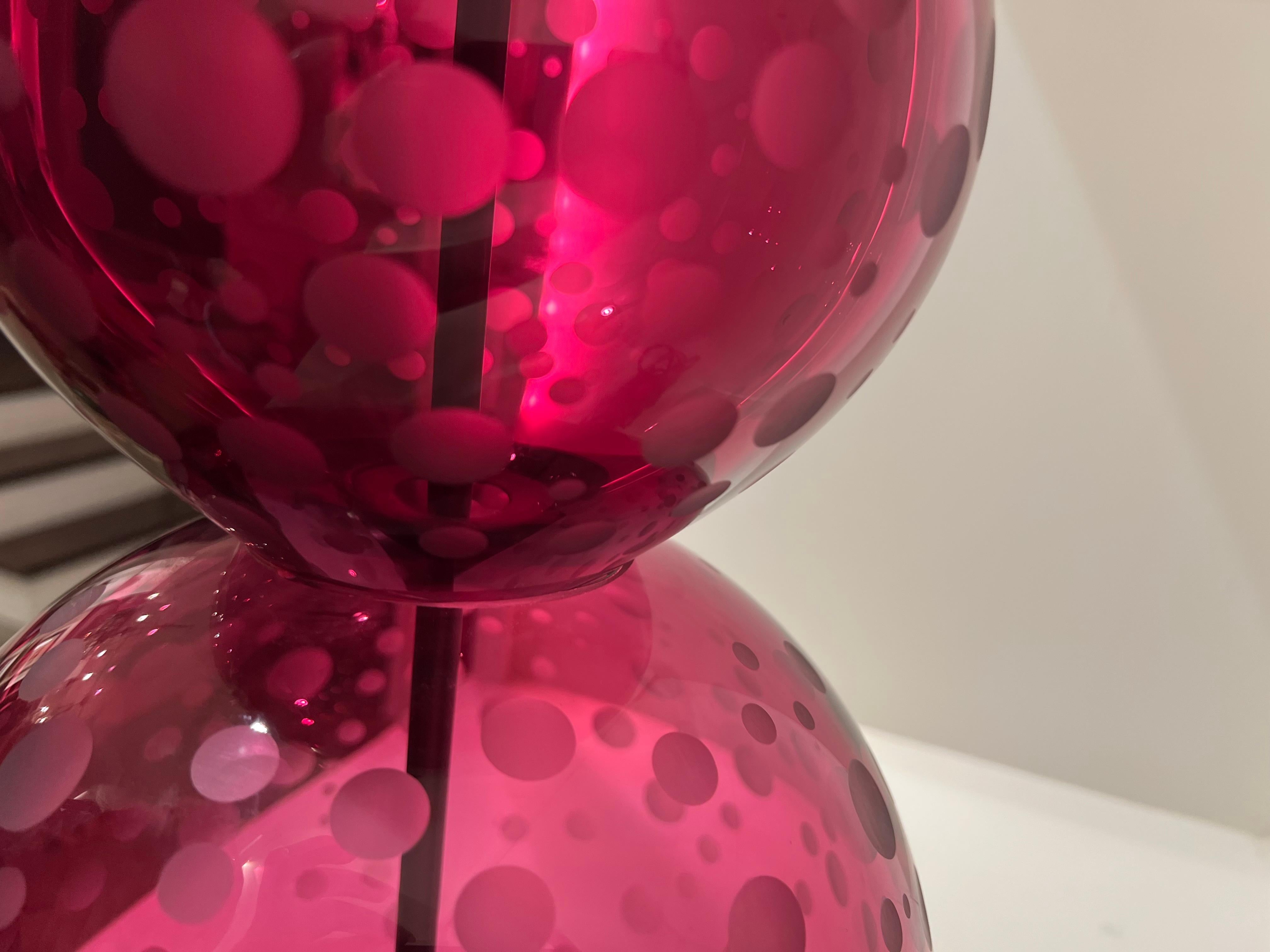Hand-Crafted Pair English Crystal Lamps by Lucy Cope in Cranberry Spots For Sale
