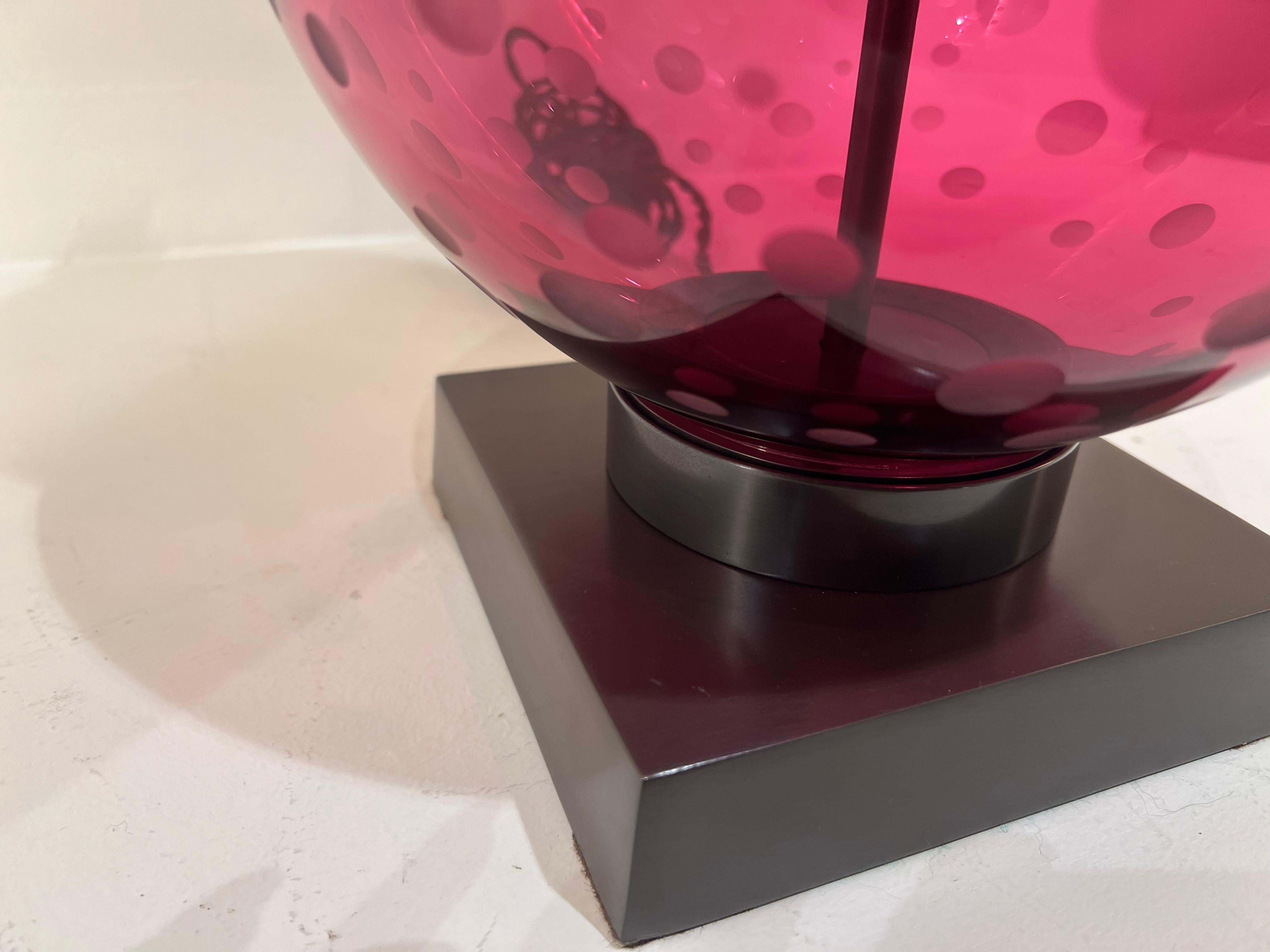 Pair English Crystal Lamps by Lucy Cope in Cranberry Spots For Sale 1