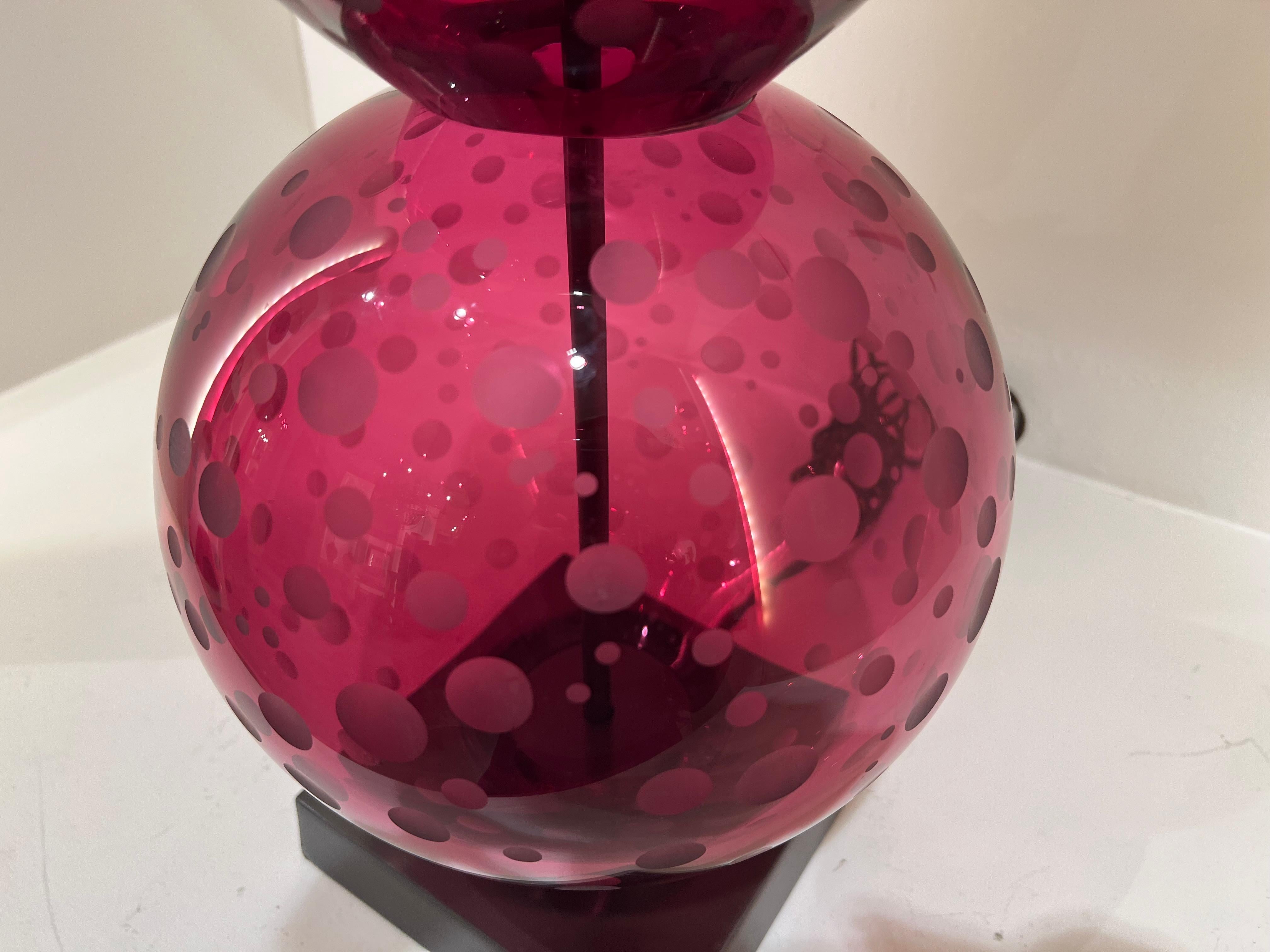 Pair English Crystal Lamps by Lucy Cope in Cranberry Spots For Sale 2