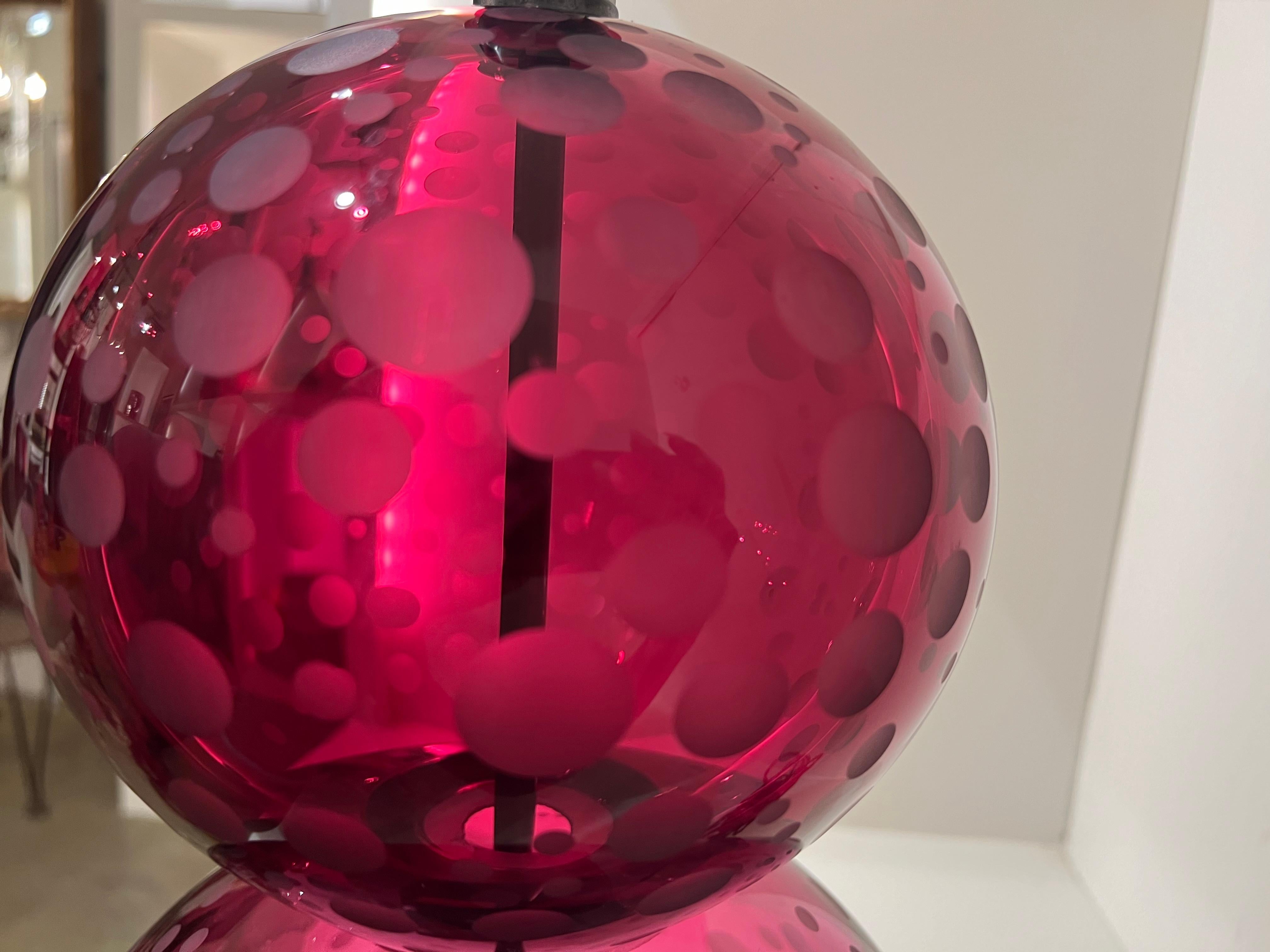 Pair English Crystal Lamps by Lucy Cope in Cranberry Spots For Sale 4