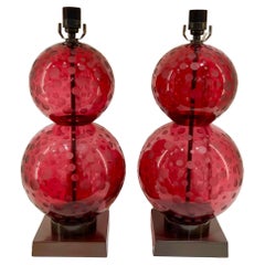 Pair English Crystal Lamps by Lucy Cope in Cranberry Spots