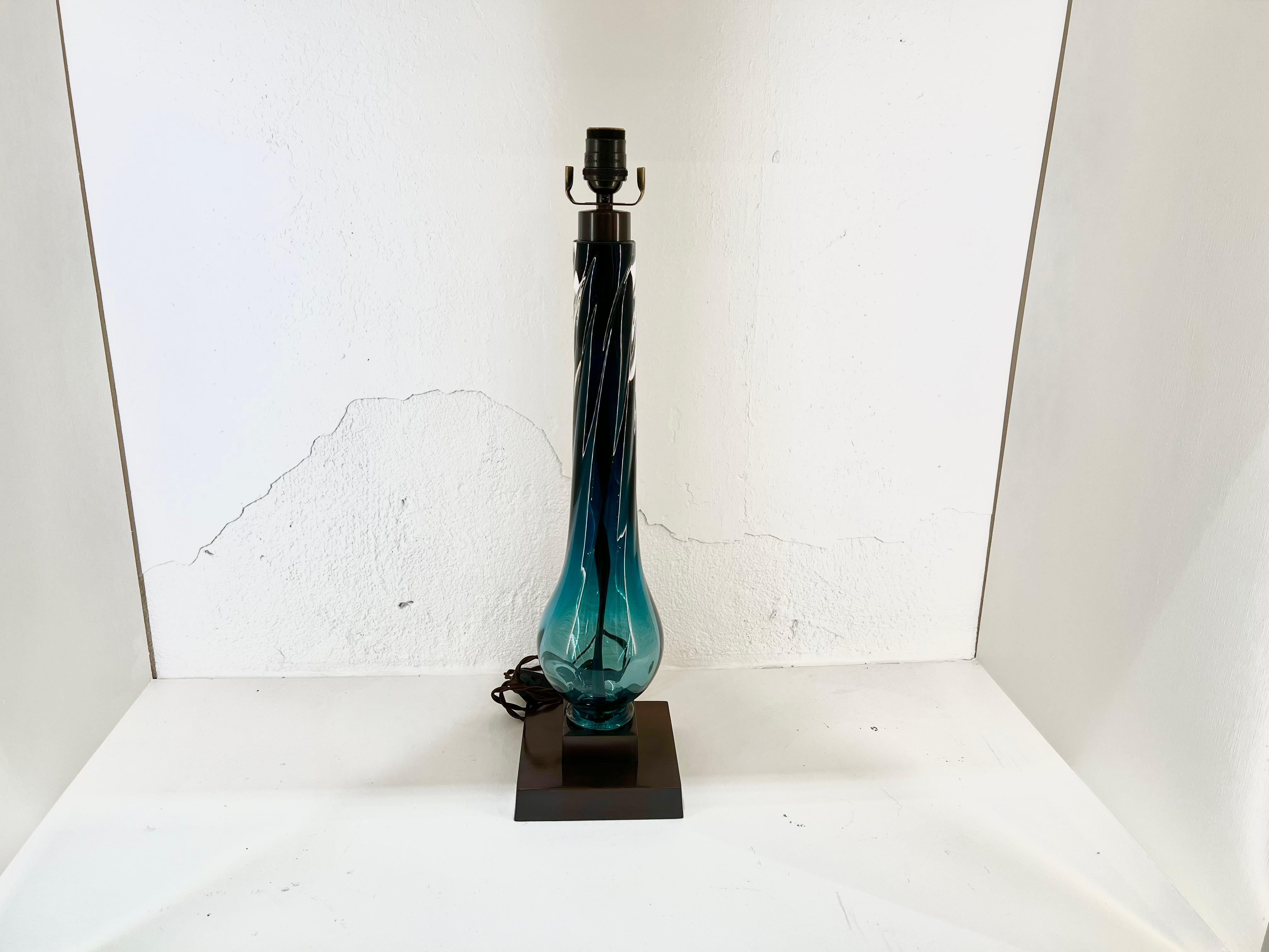 English Crystal hand blown glass lamp by Lucy Cope on stepped metal 
base.  24