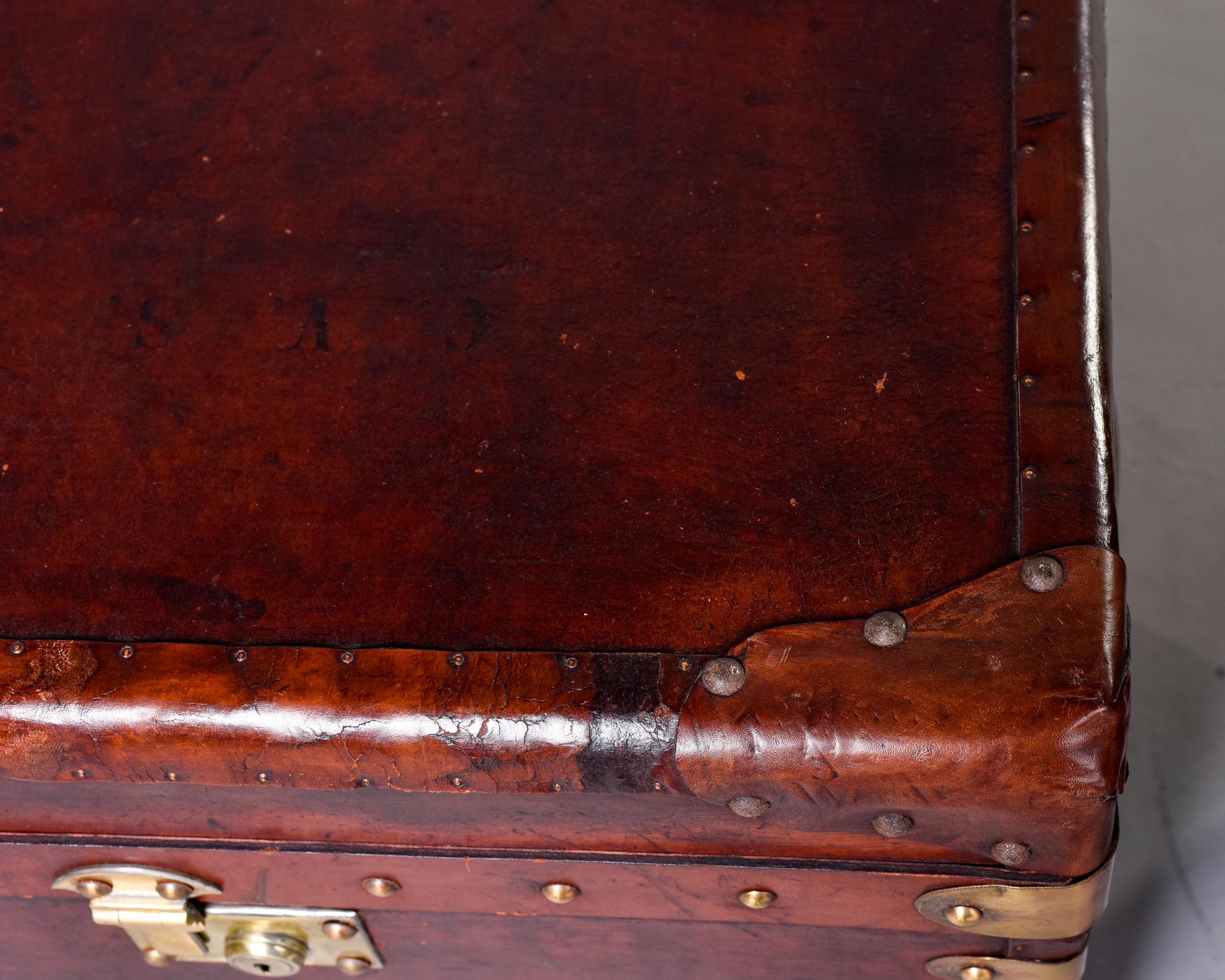 Pair English Early 20th C Restored Leather Trunks 6