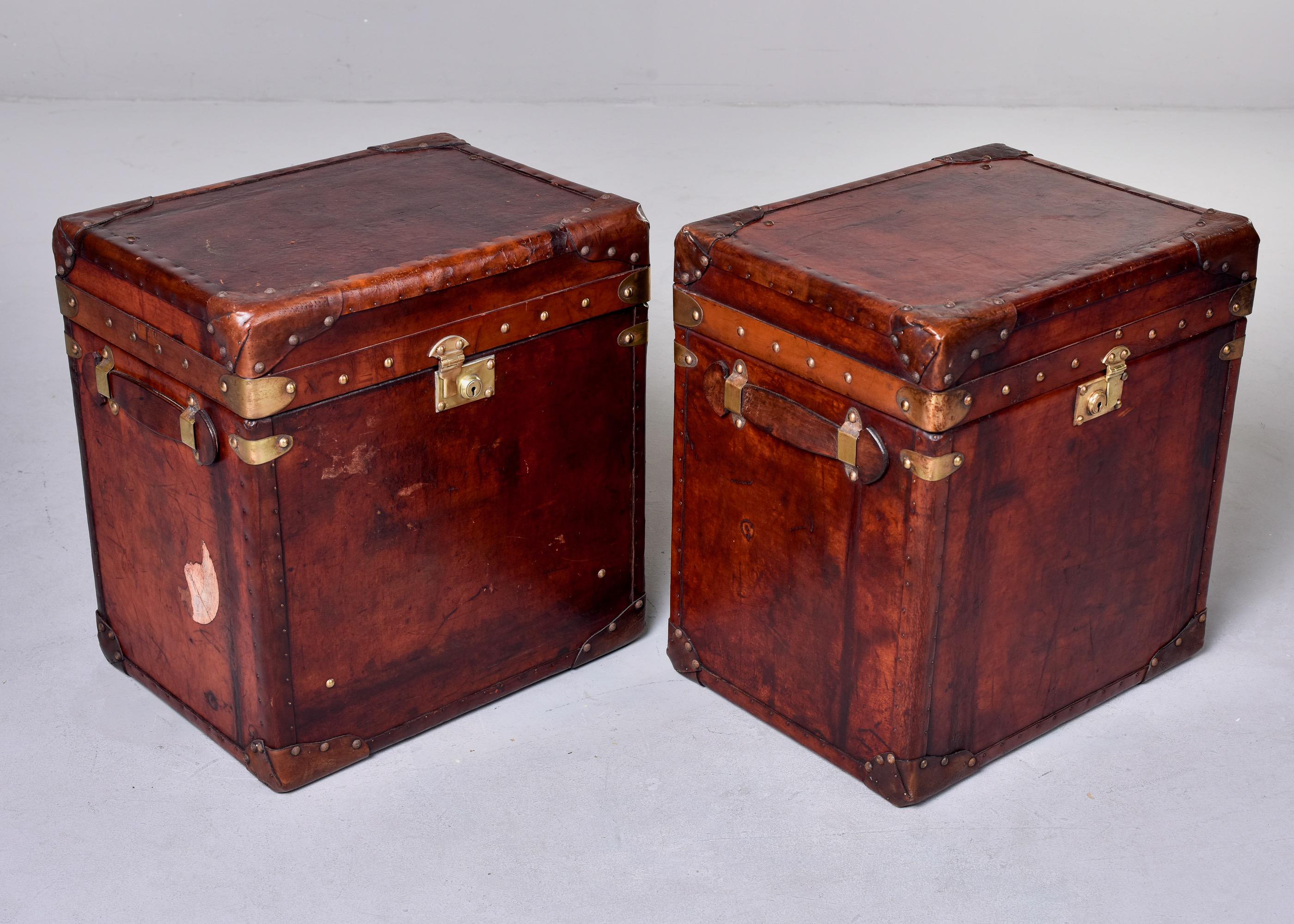 Pair English Early 20th C Restored Leather Trunks In Good Condition In Troy, MI