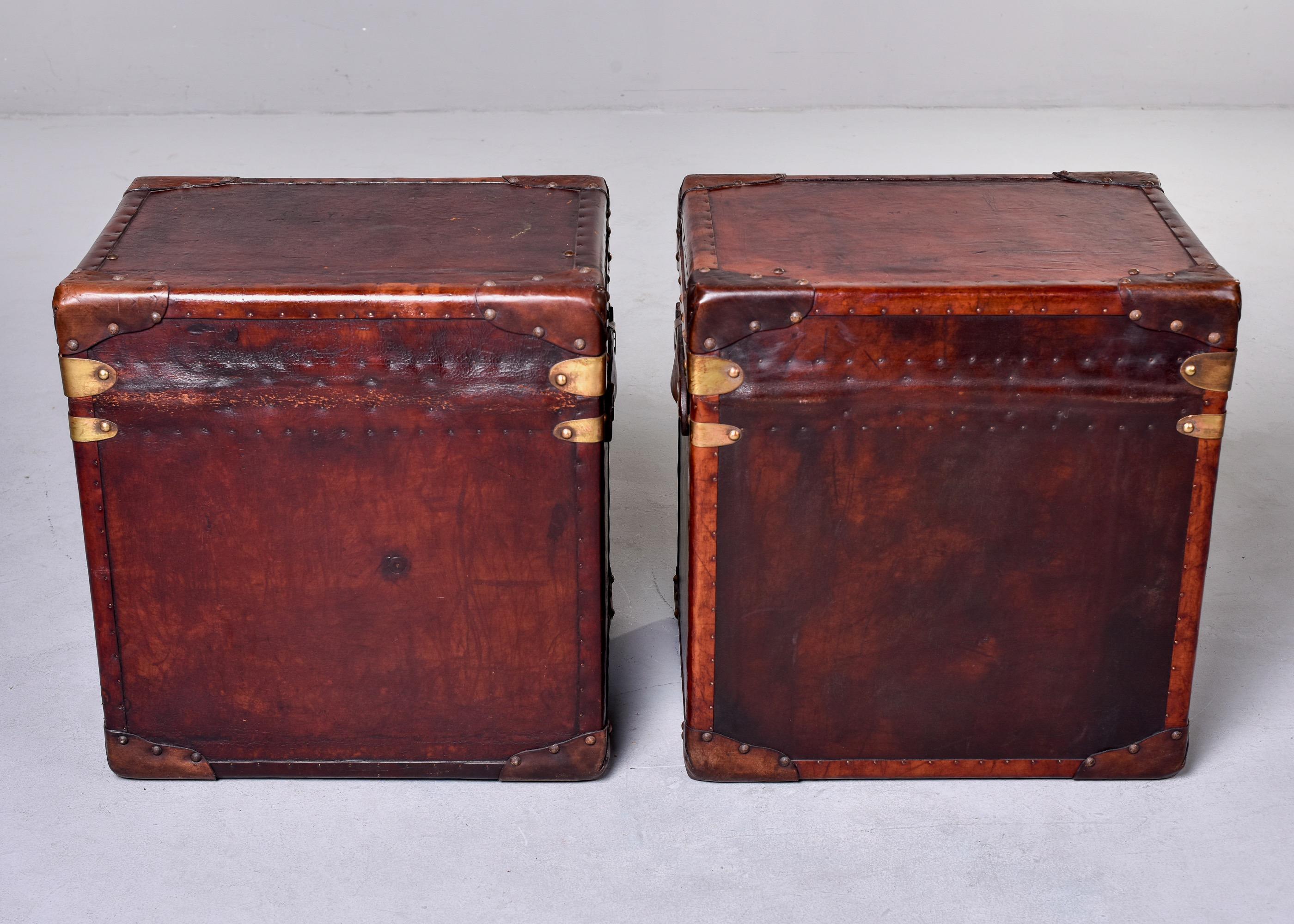 Brass Pair English Early 20th C Restored Leather Trunks