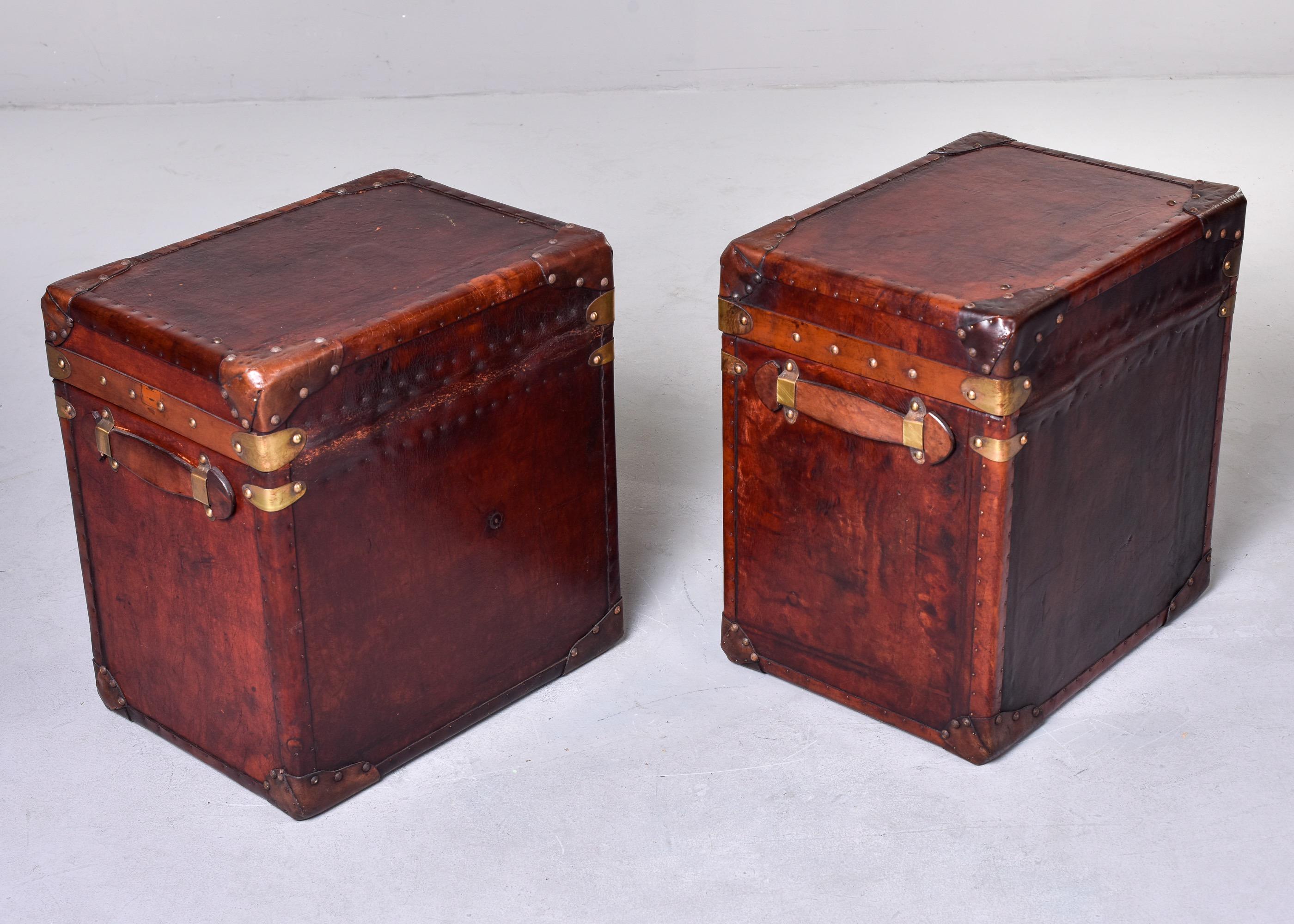 Pair English Early 20th C Restored Leather Trunks 1