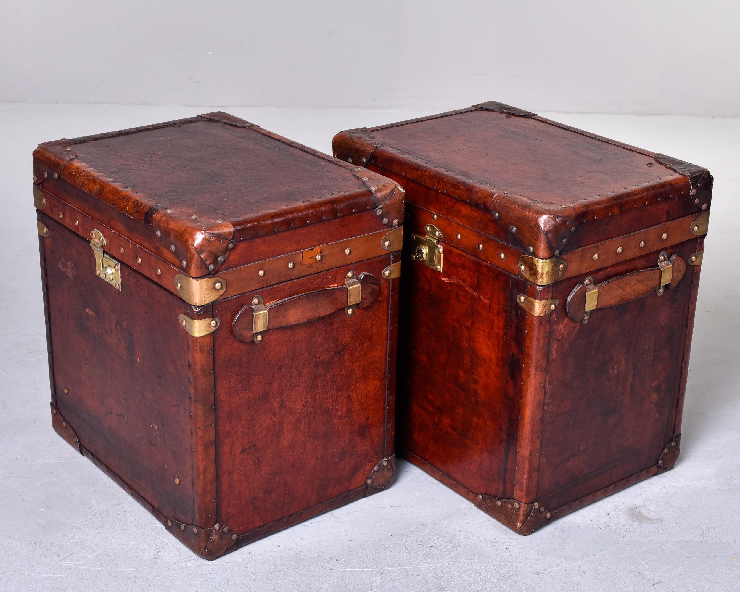 Pair English Early 20th C Restored Leather Trunks 2