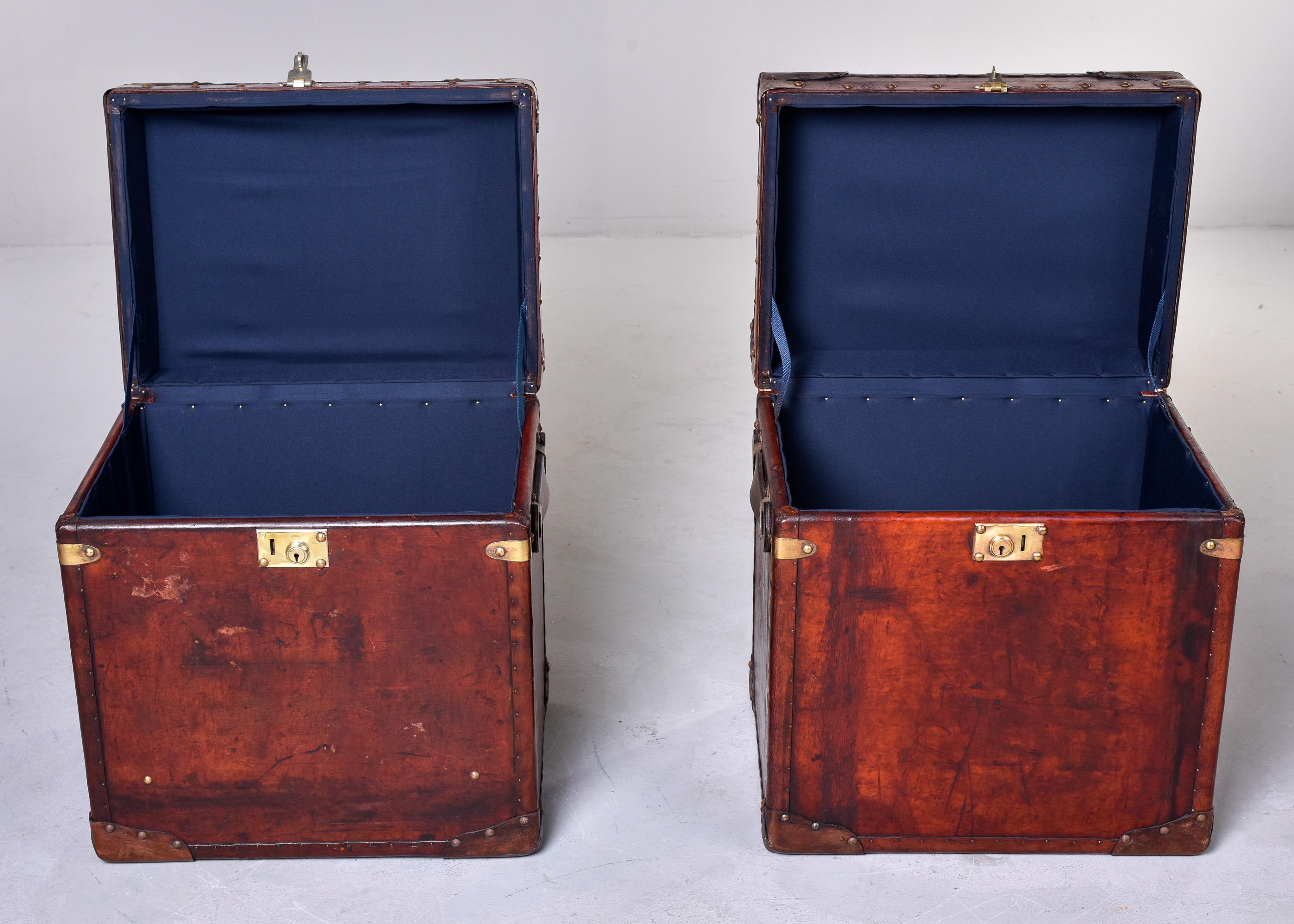 Pair English Early 20th C Restored Leather Trunks 3