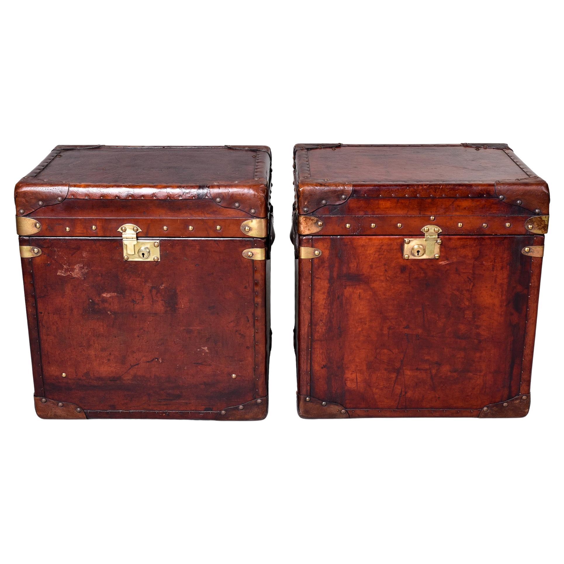 Pair English Early 20th C Restored Leather Trunks