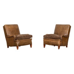 Pair English Early 20thC Sprung Leather Armchairs
