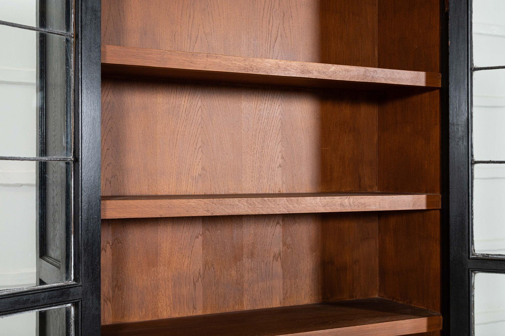 Pair English Ebonised Oak Glazed Bookcases For Sale 11