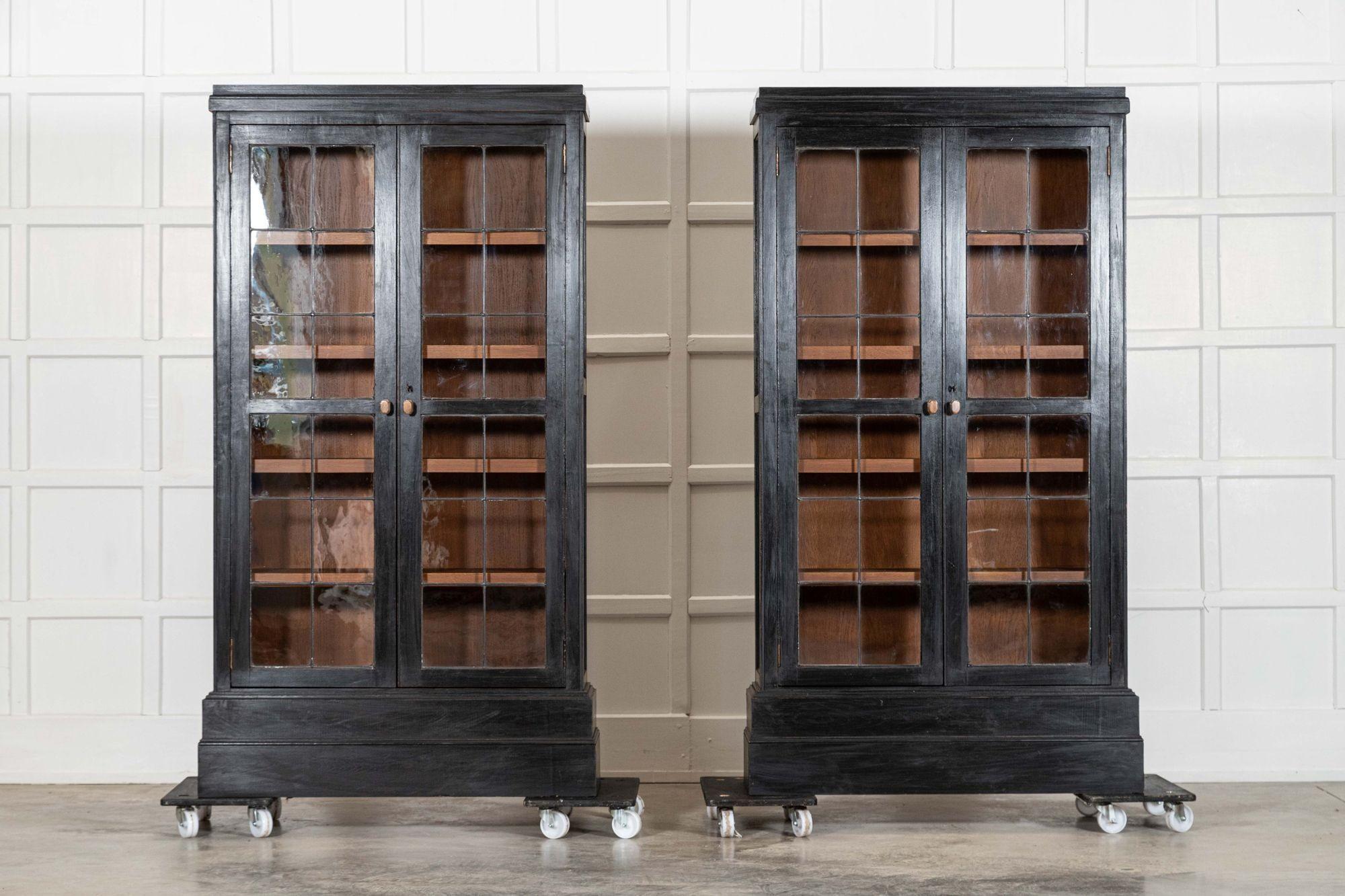 circa 1890
Pair English Ebonised Oak Glazed Bookcases

Price is each
sku 2055
W106 x D36 x H189 cm
Internal shelf depth 28 cm
Weight 86Kg