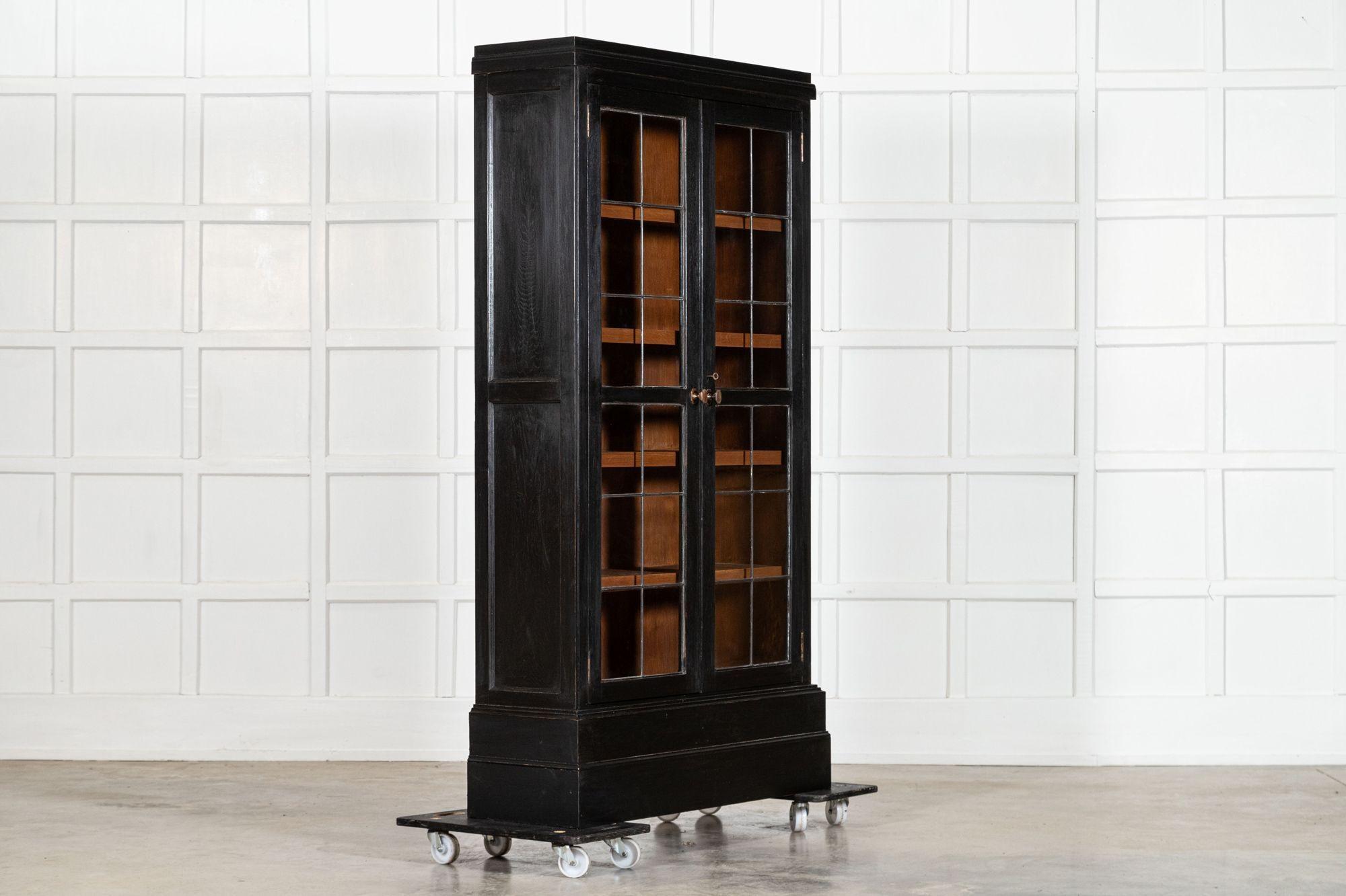 Pair English Ebonised Oak Glazed Bookcases For Sale 1