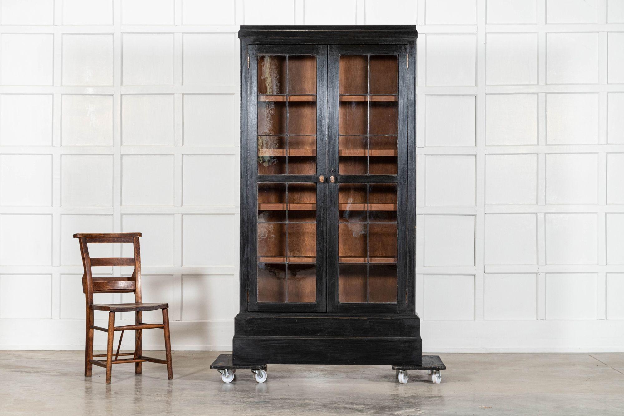 Pair English Ebonised Oak Glazed Bookcases For Sale 2