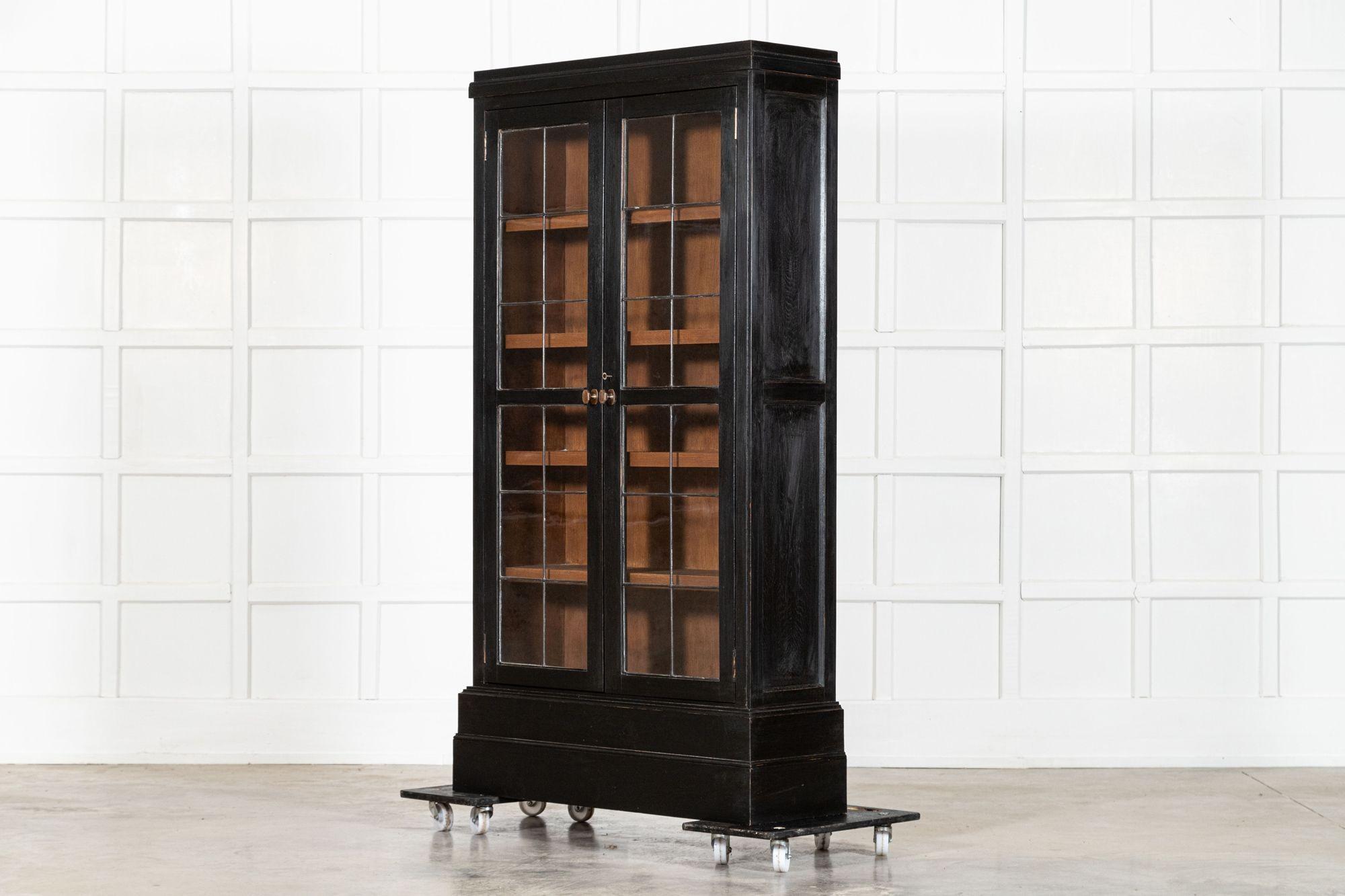 Pair English Ebonised Oak Glazed Bookcases For Sale 3
