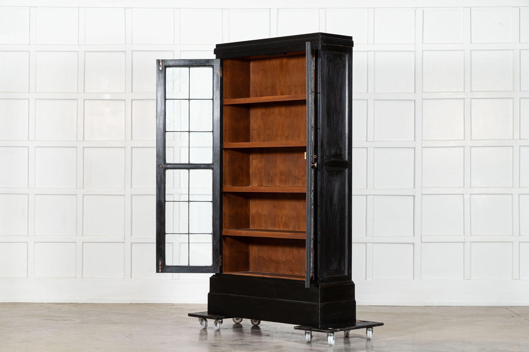 Pair English Ebonised Oak Glazed Bookcases For Sale 4