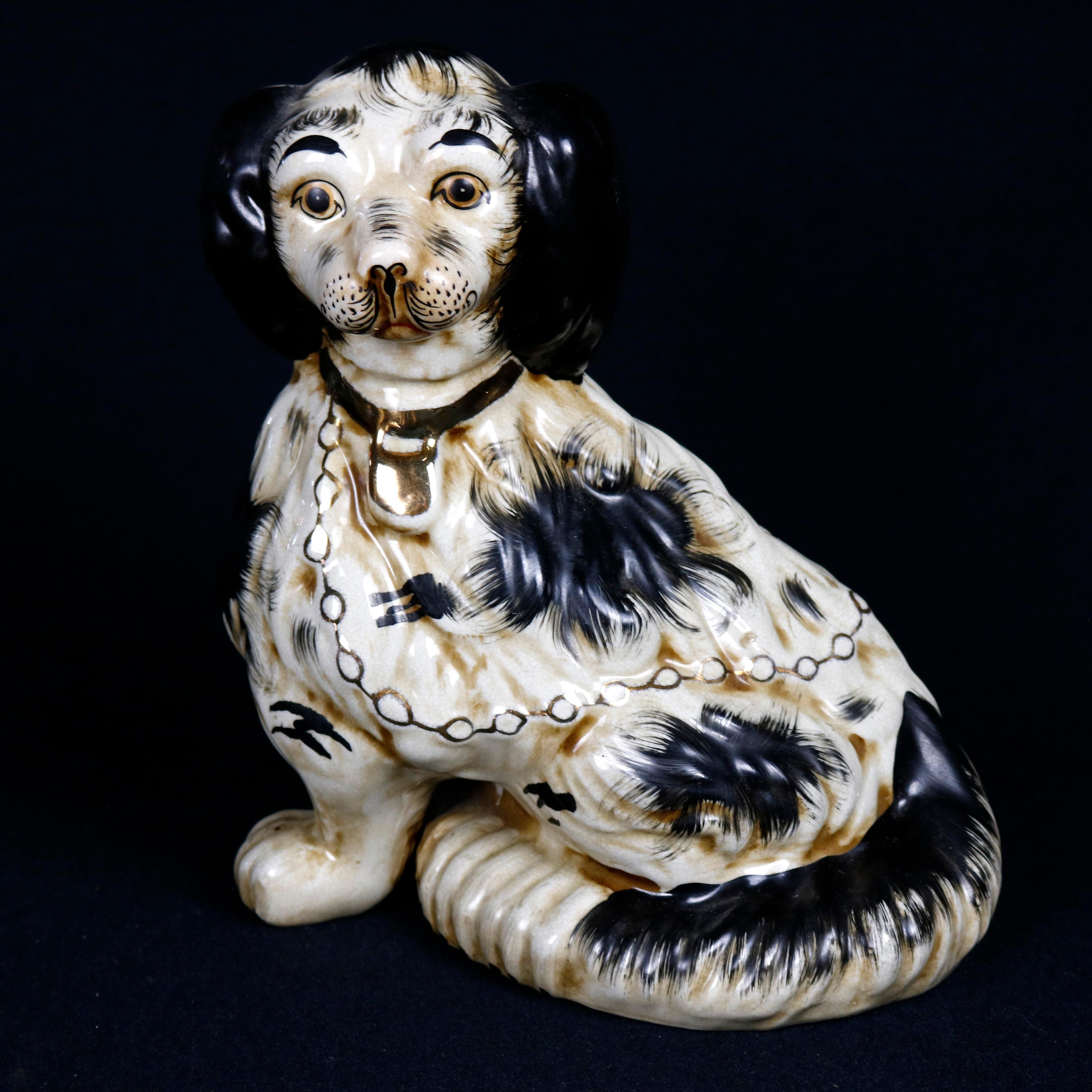 Glazed Pair of English Figural Staffordshire Pottery Spaniel Dogs, 20th Century