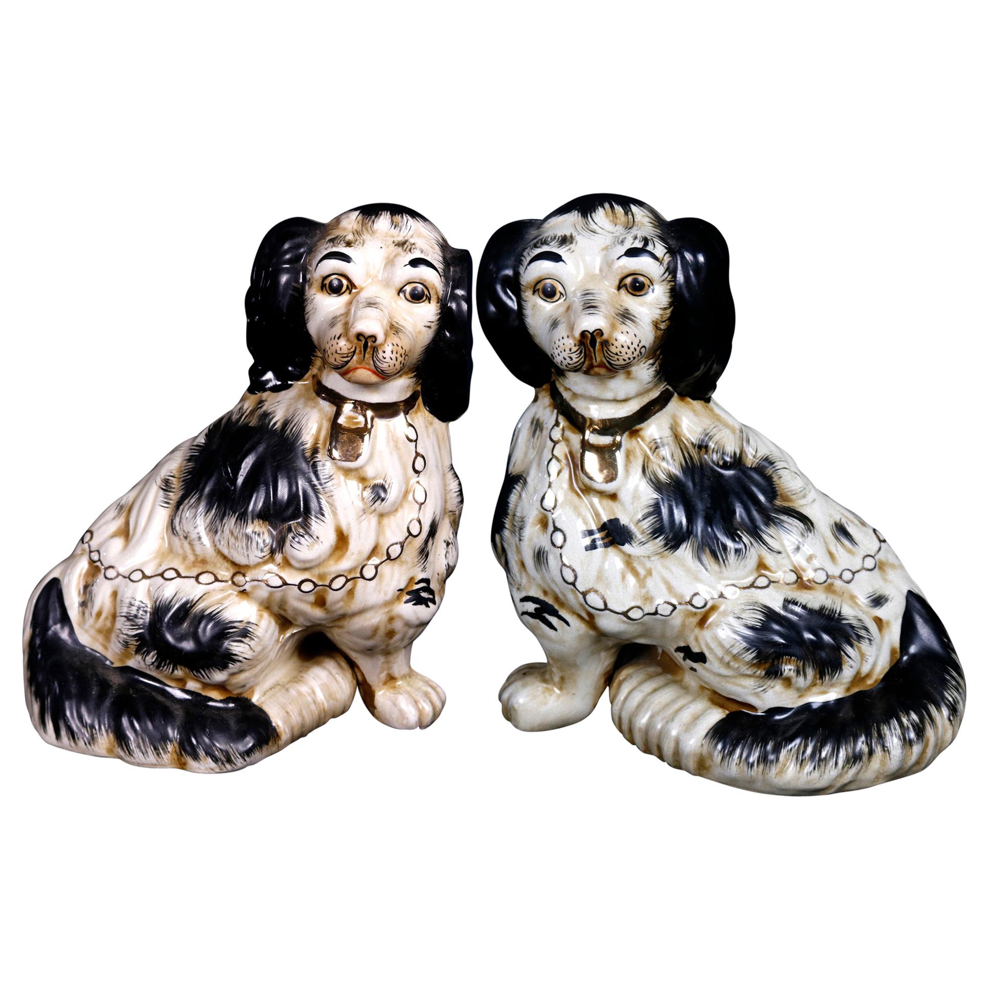 Pair of English Figural Staffordshire Pottery Spaniel Dogs, 20th Century