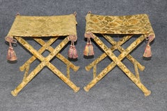 Pair English Folding X Benches in Damask Upholstery