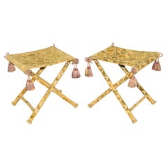 Pair English Folding X Benches in Damask Upholstery
