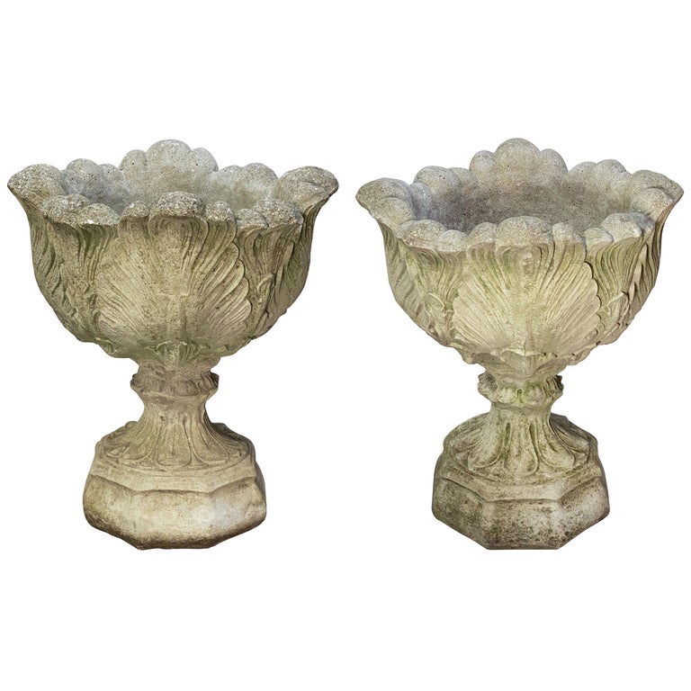 Pair English Garden Stone Planters or Pots on Plinths with Acanthus