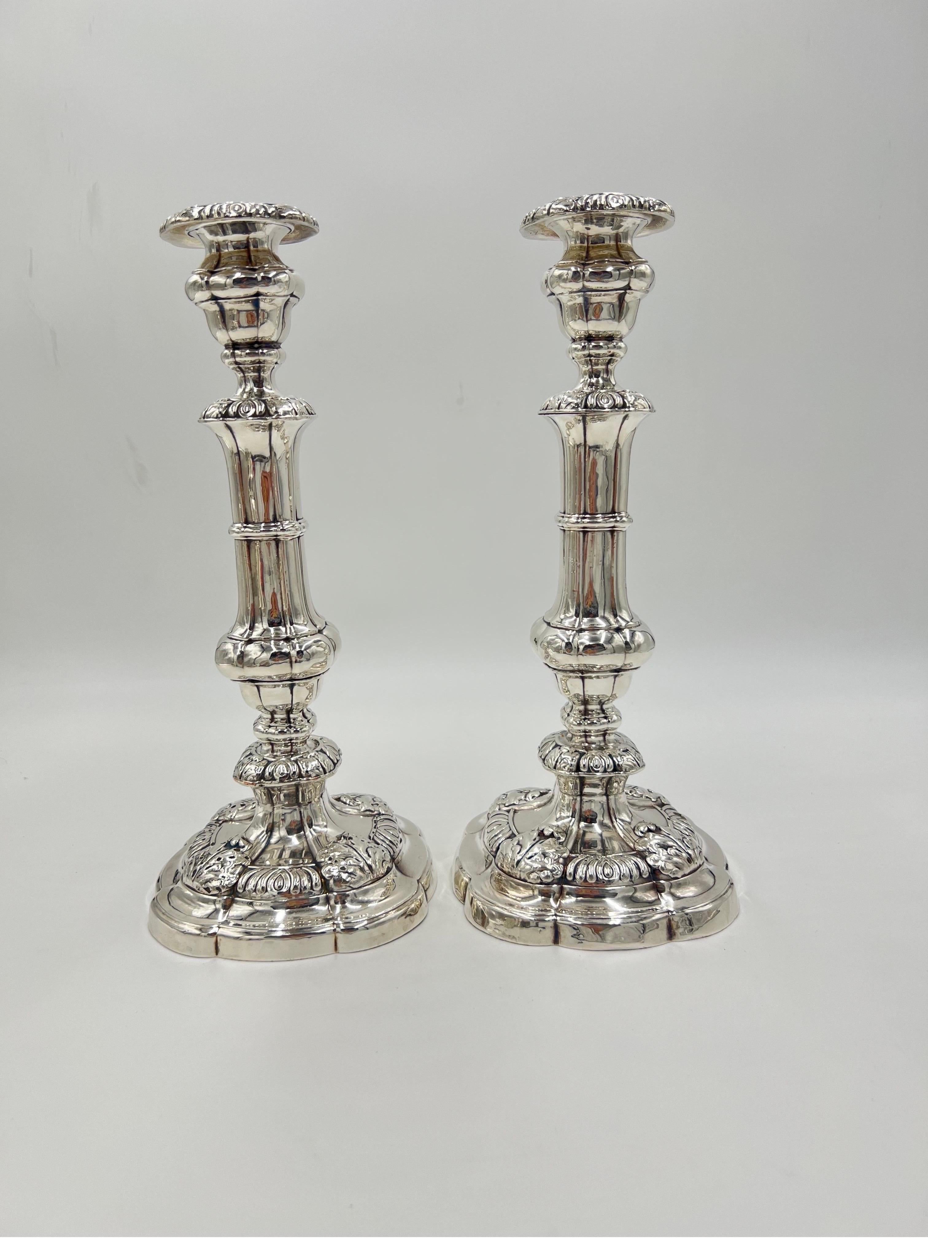 18th Century and Earlier Pair, English George II Sterling Silver Candlesticks w/ Acanthus Leaf Decoration For Sale
