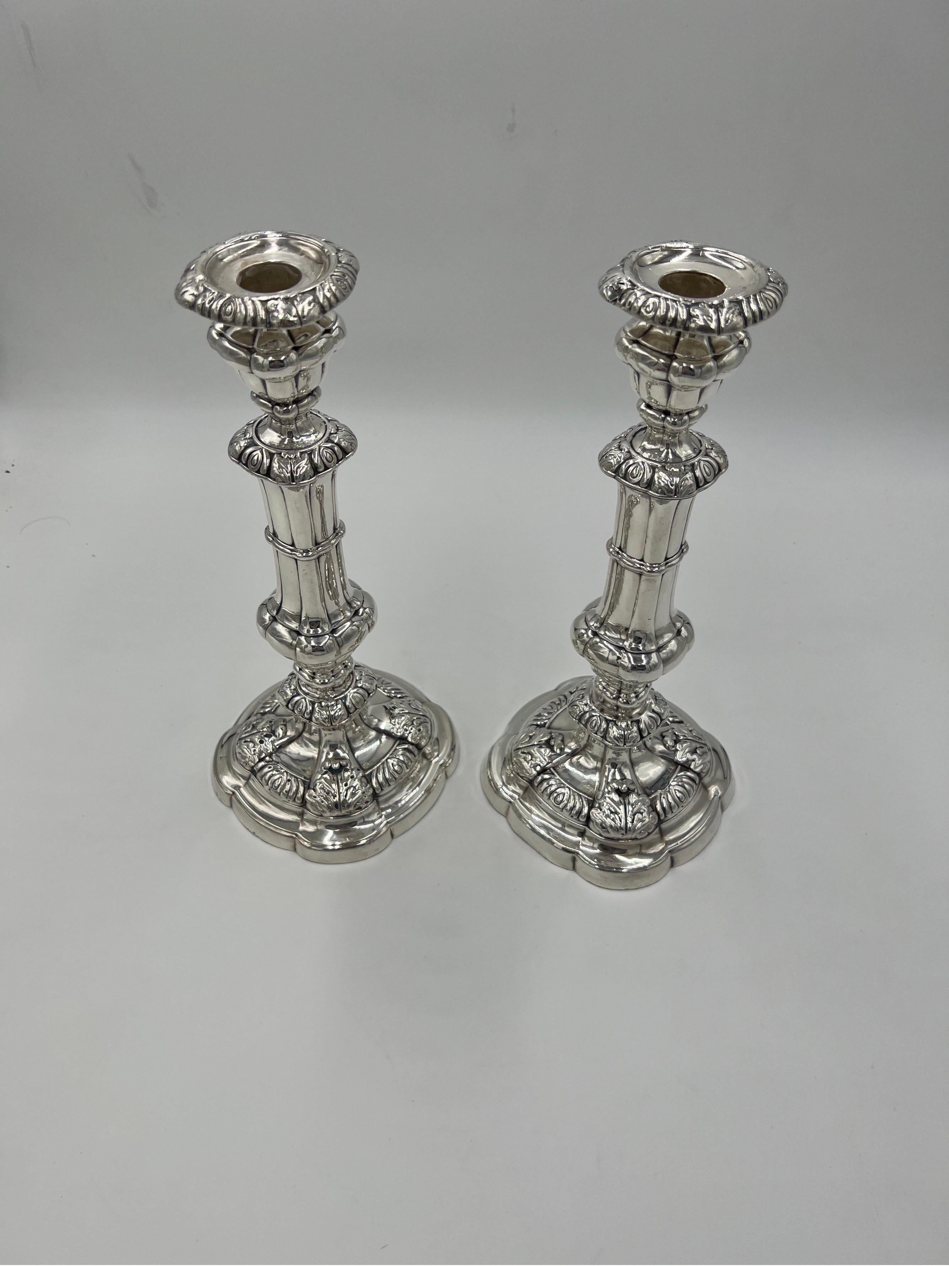 Pair, English George II Sterling Silver Candlesticks w/ Acanthus Leaf Decoration For Sale 1