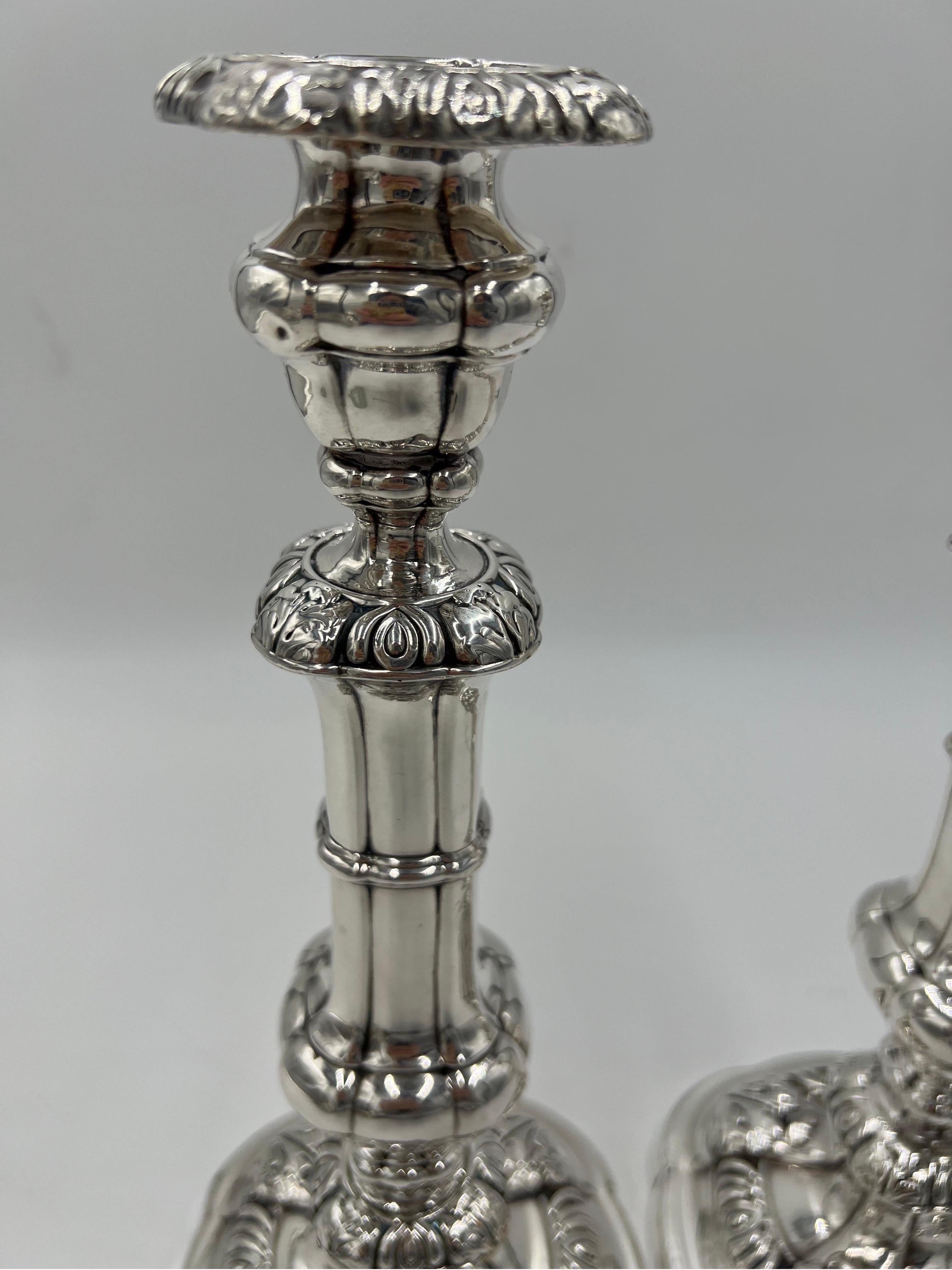 Pair, English George II Sterling Silver Candlesticks w/ Acanthus Leaf Decoration For Sale 4