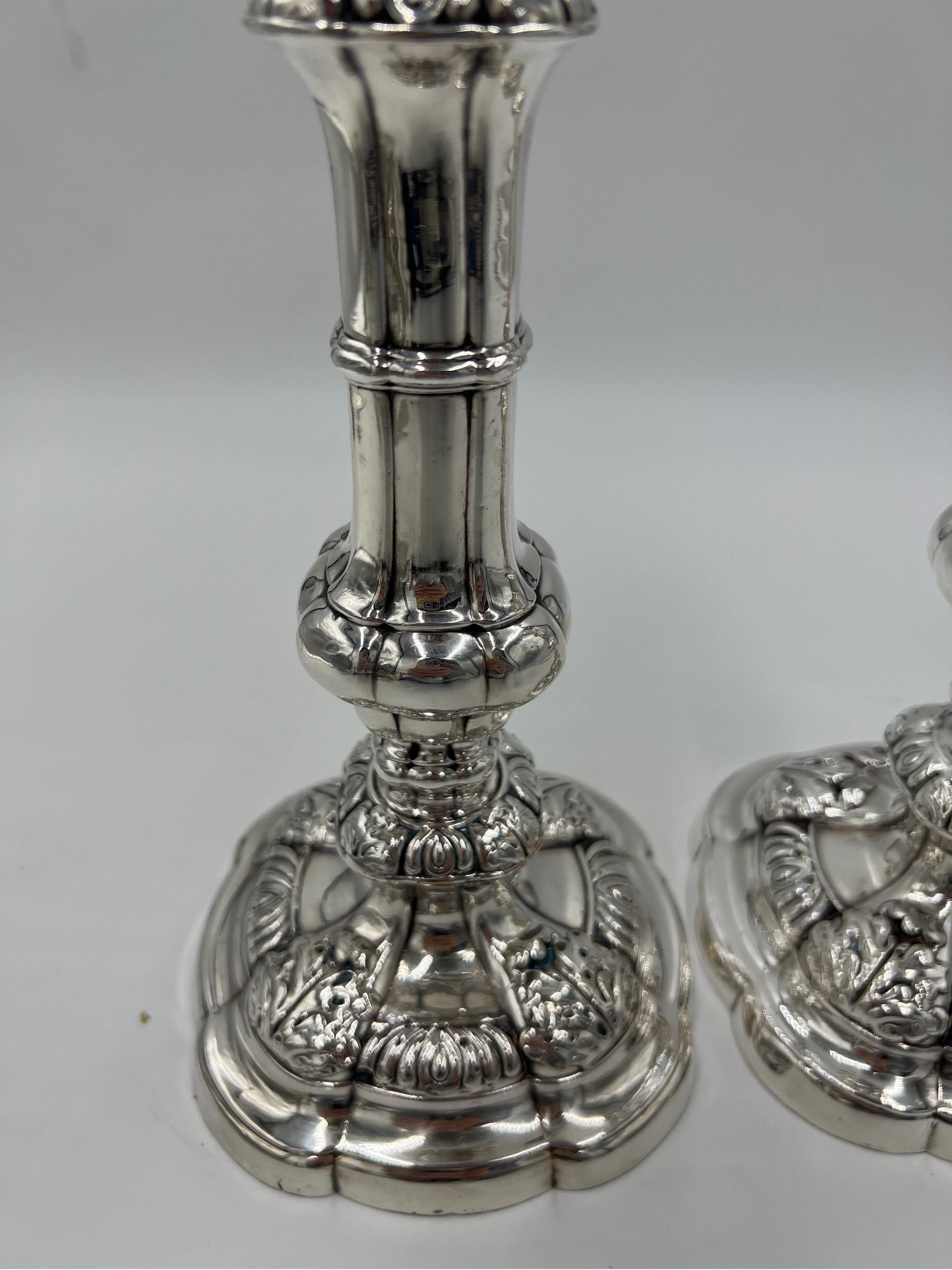 Pair, English George II Sterling Silver Candlesticks w/ Acanthus Leaf Decoration For Sale 5