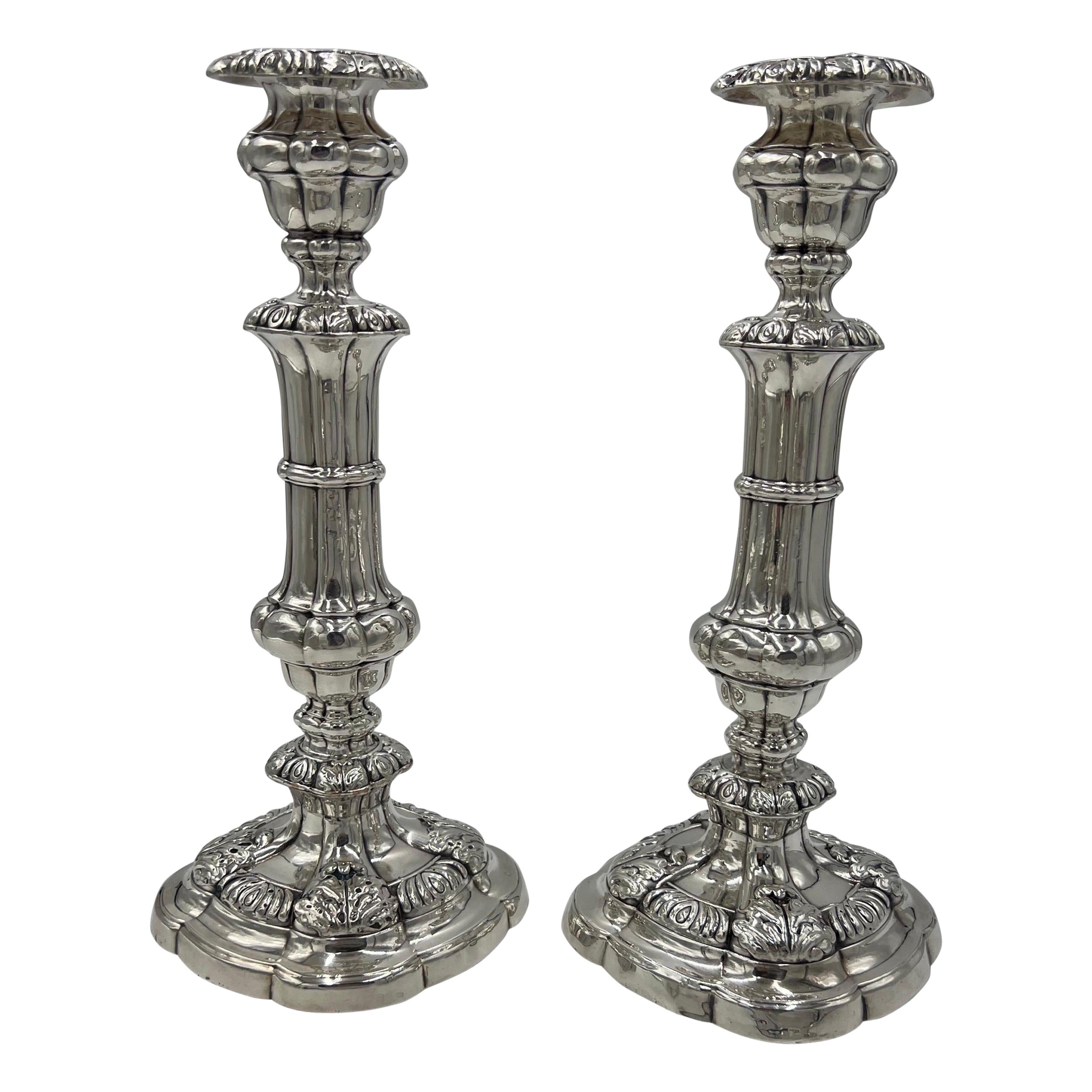 Pair, English George II Sterling Silver Candlesticks w/ Acanthus Leaf Decoration