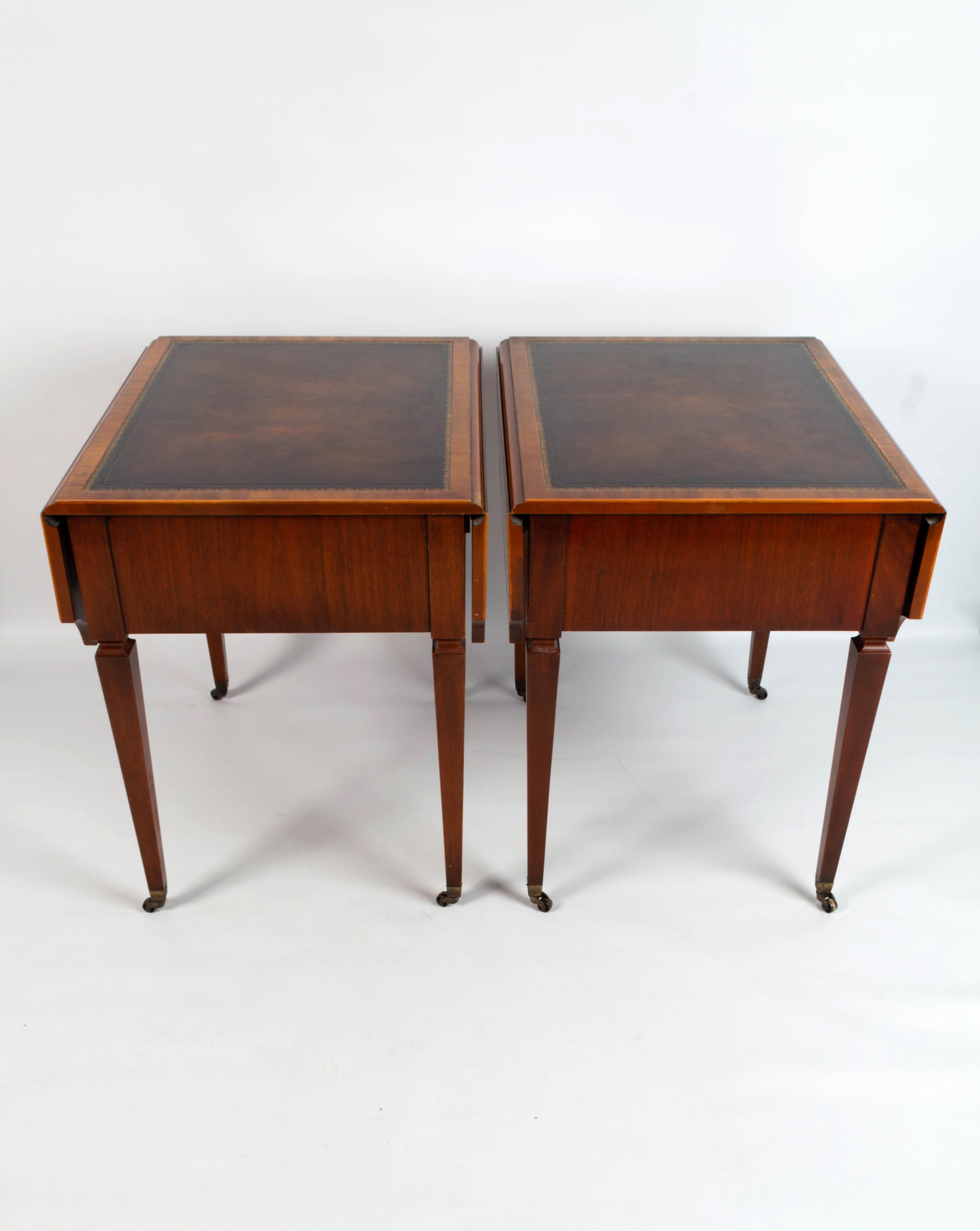 Pair English Georgian 18th Century Revival Leather Inset Drop Leaf Sofa Tables For Sale 9